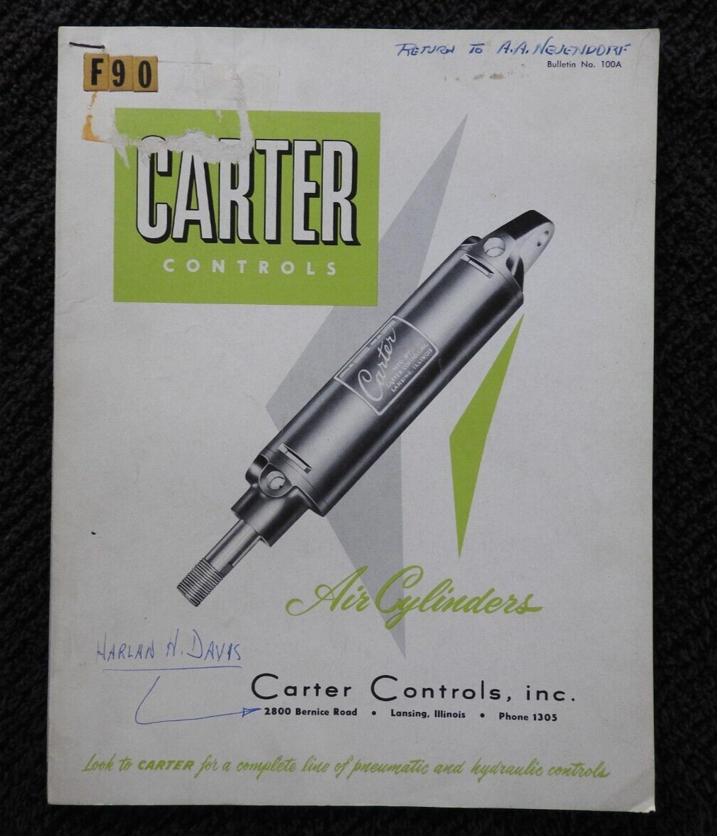 1953 Carter Controls Inc. Air Cylinders Engineering Sales Literature Lansing, IL