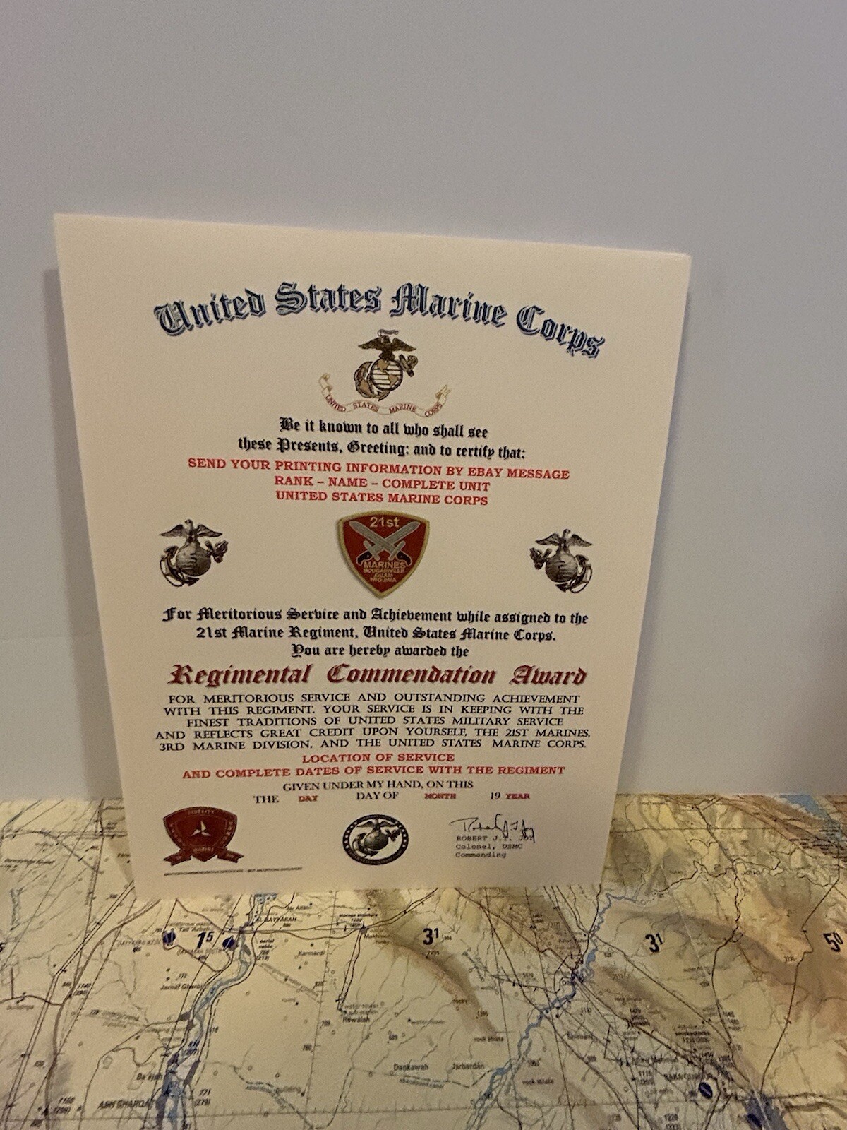 U.S.M.C. / 21ST MARINE REGIMENT - REGIMENTAL COMMENDATION AWARD CERTIFICATE