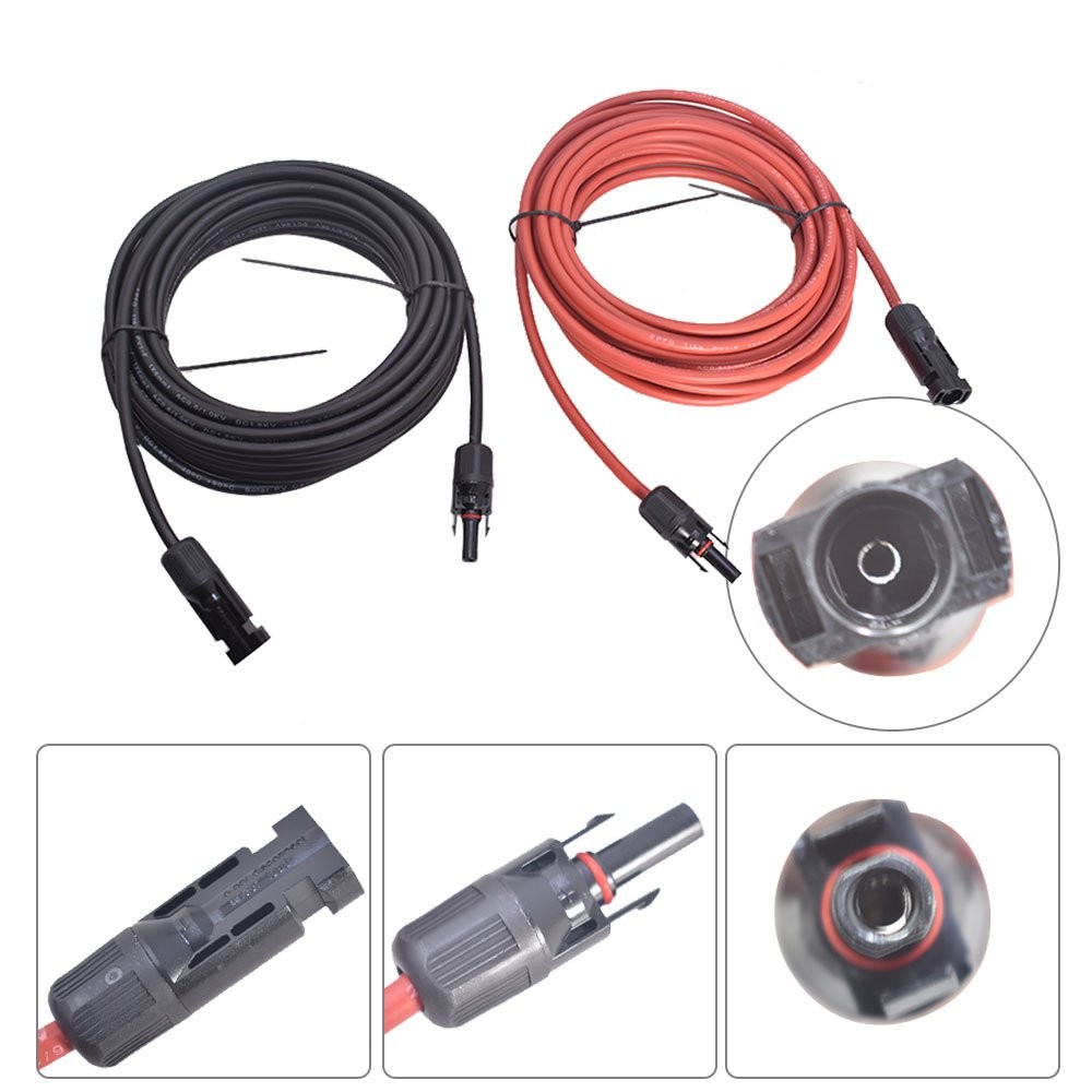 25 Feet 1 Pair 10AWG Black + Red Solar Panel Extension Cable Wire Connector