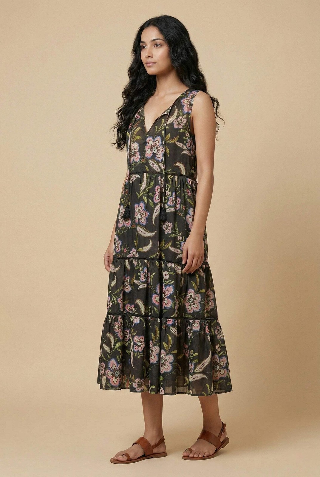 Johnny Was Black Libbi Floral Tiered Midi Dress R35424-6