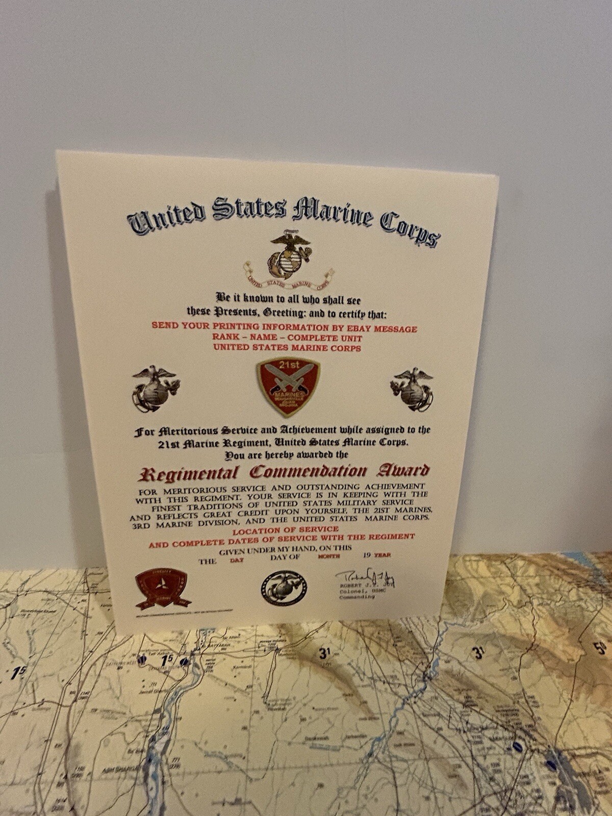 U.S.M.C. / 21ST MARINE REGIMENT - REGIMENTAL COMMENDATION AWARD CERTIFICATE