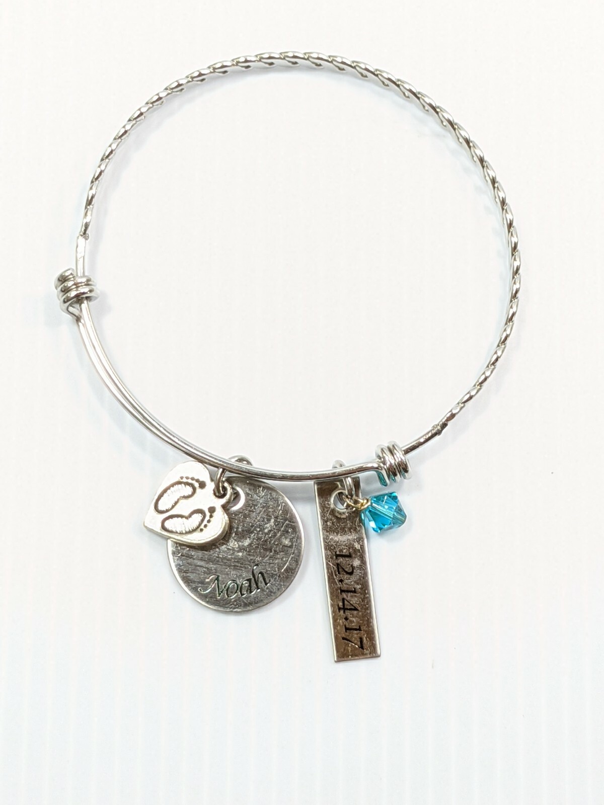 Artisan Silver Tone Etched Noah Birthdate Charm Feet Crystal Bangle Bracelet