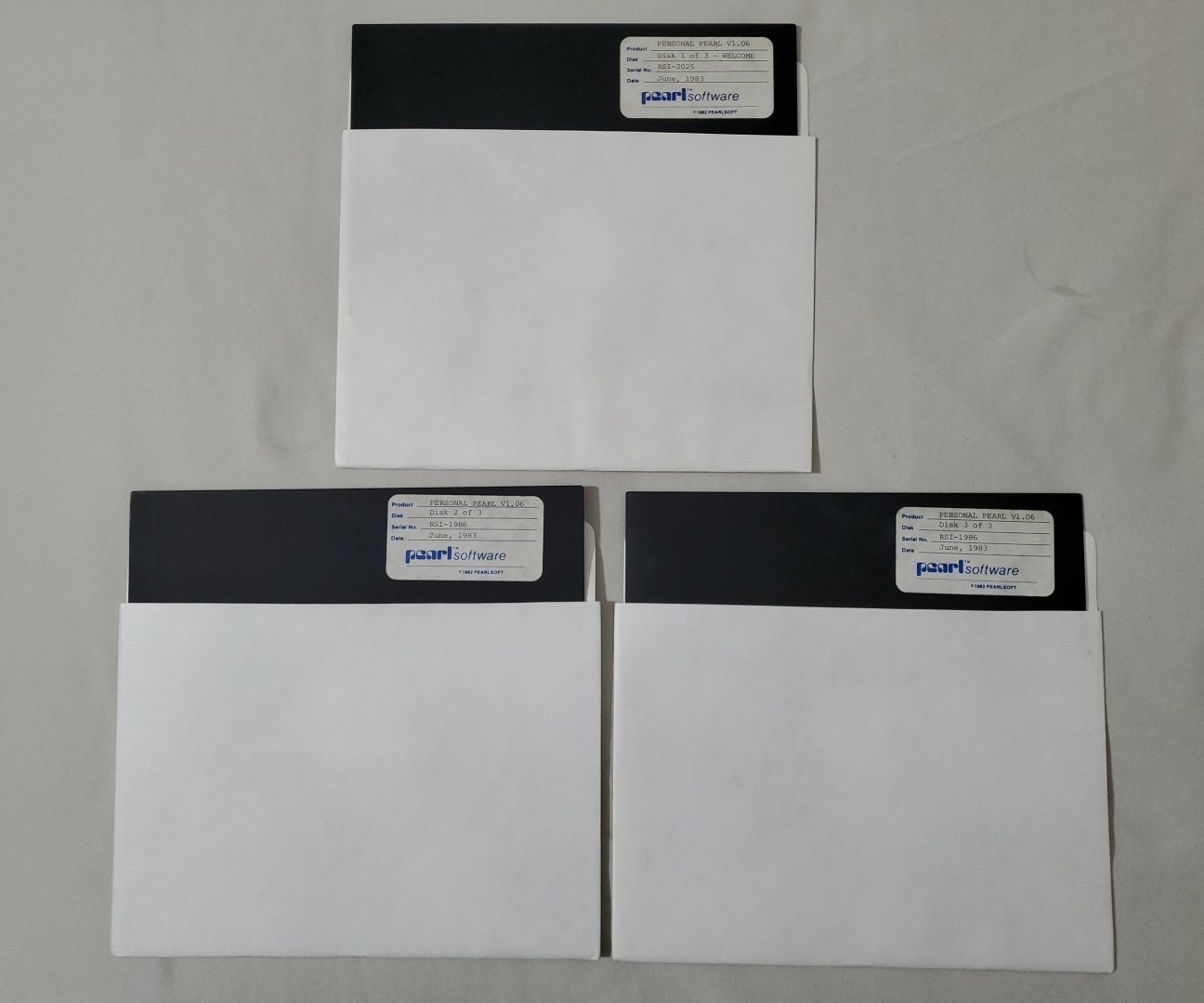 Vintage Personal Pearl Software v1.06 Set of 3 Floppy Disk 8" - 1983 PEARLSOFT