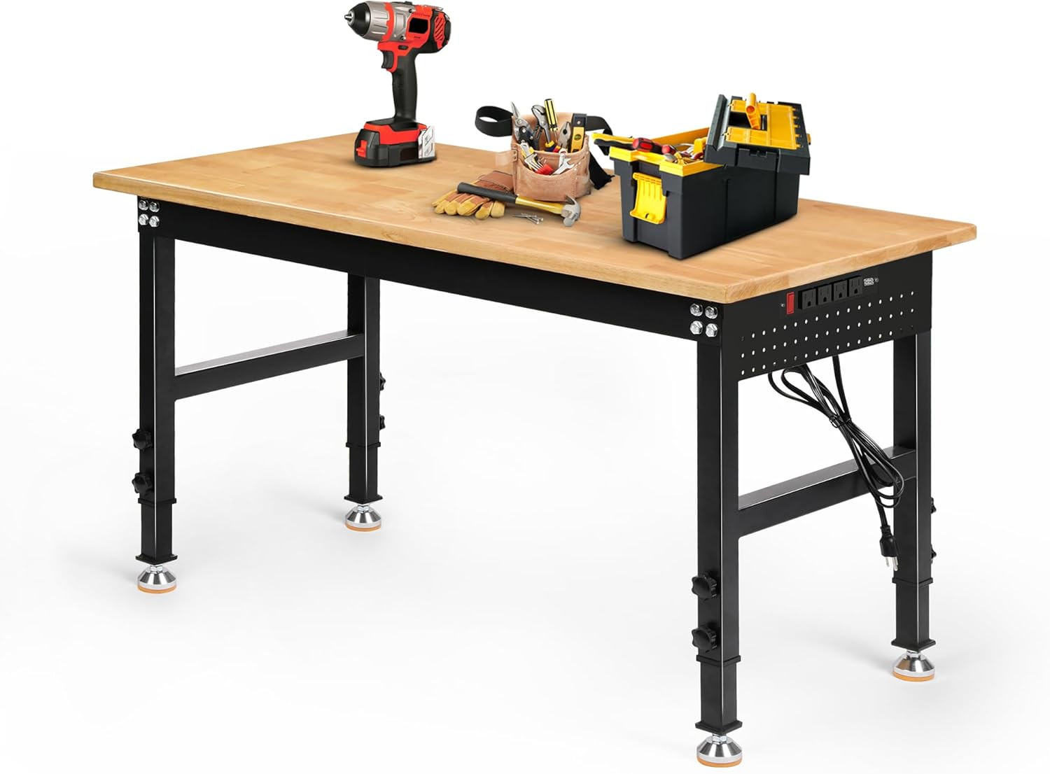 Adjustable Height Workbench, 48" Rubber Wood Top Heavy Duty Workstation with Pow