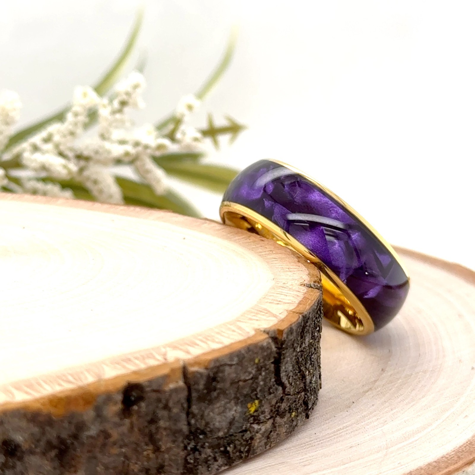 Purple Swirl Inlay Unisex Classic Wedding Band Gold Polished Tungsten 8mm Ring