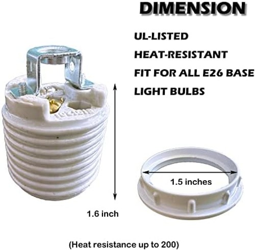 E26 Ceramic Threaded Light Socket with White Aluminum Shade Ring, UL Listed M...