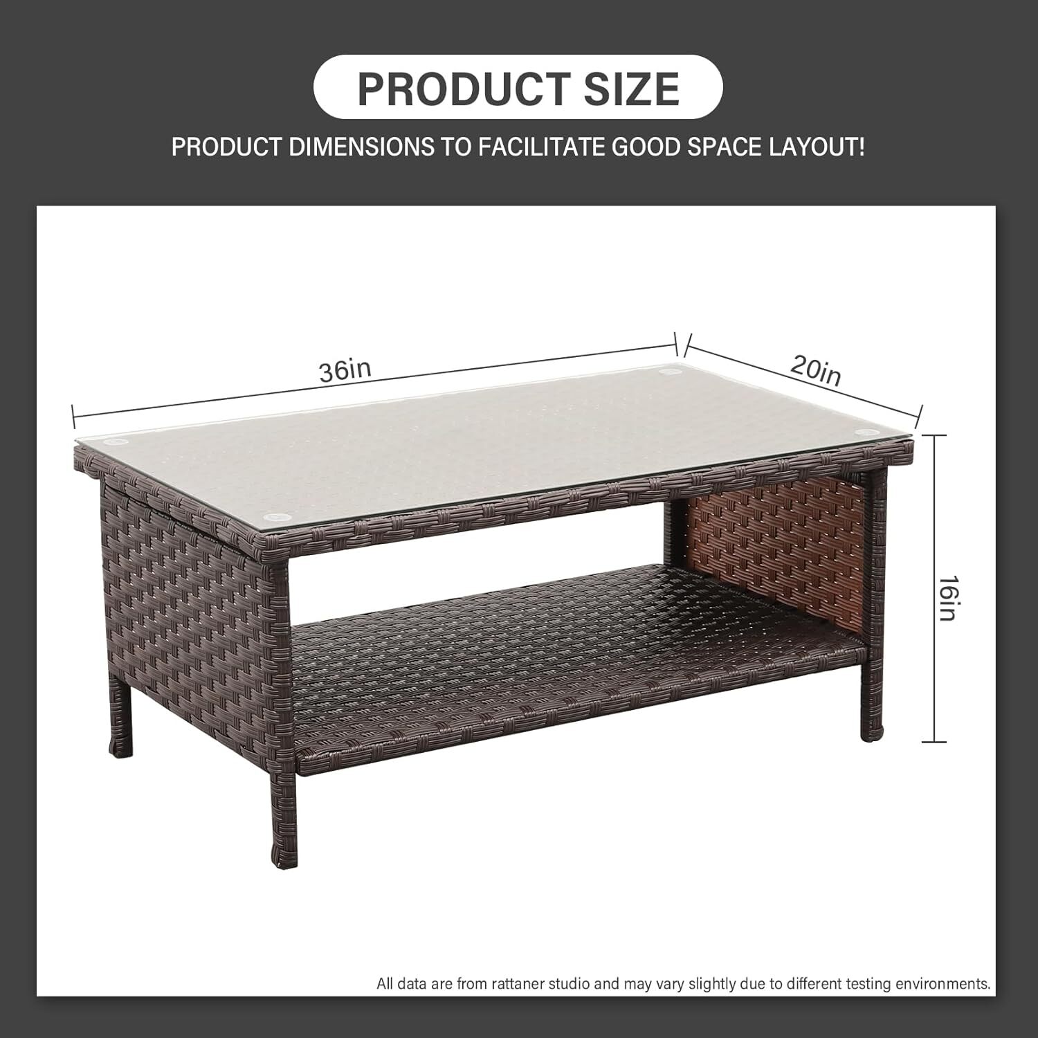 Outdoor Wicker Coffee Table Garden Rattan 2-Layer Glass Table , Brown