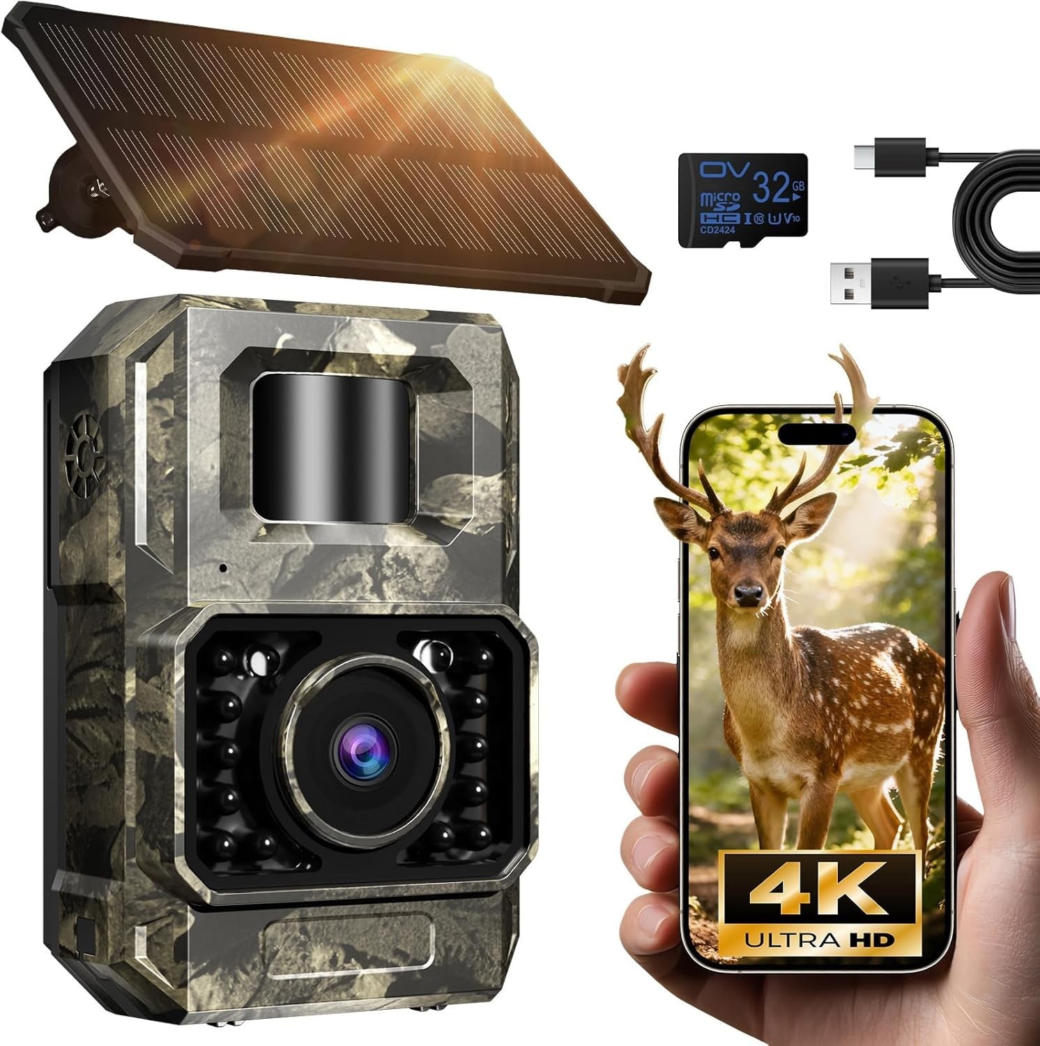 Solar WiFi Trail Camera Bluetooth Game Camera, 4K 64MP Wildlife Cameras 2000m...