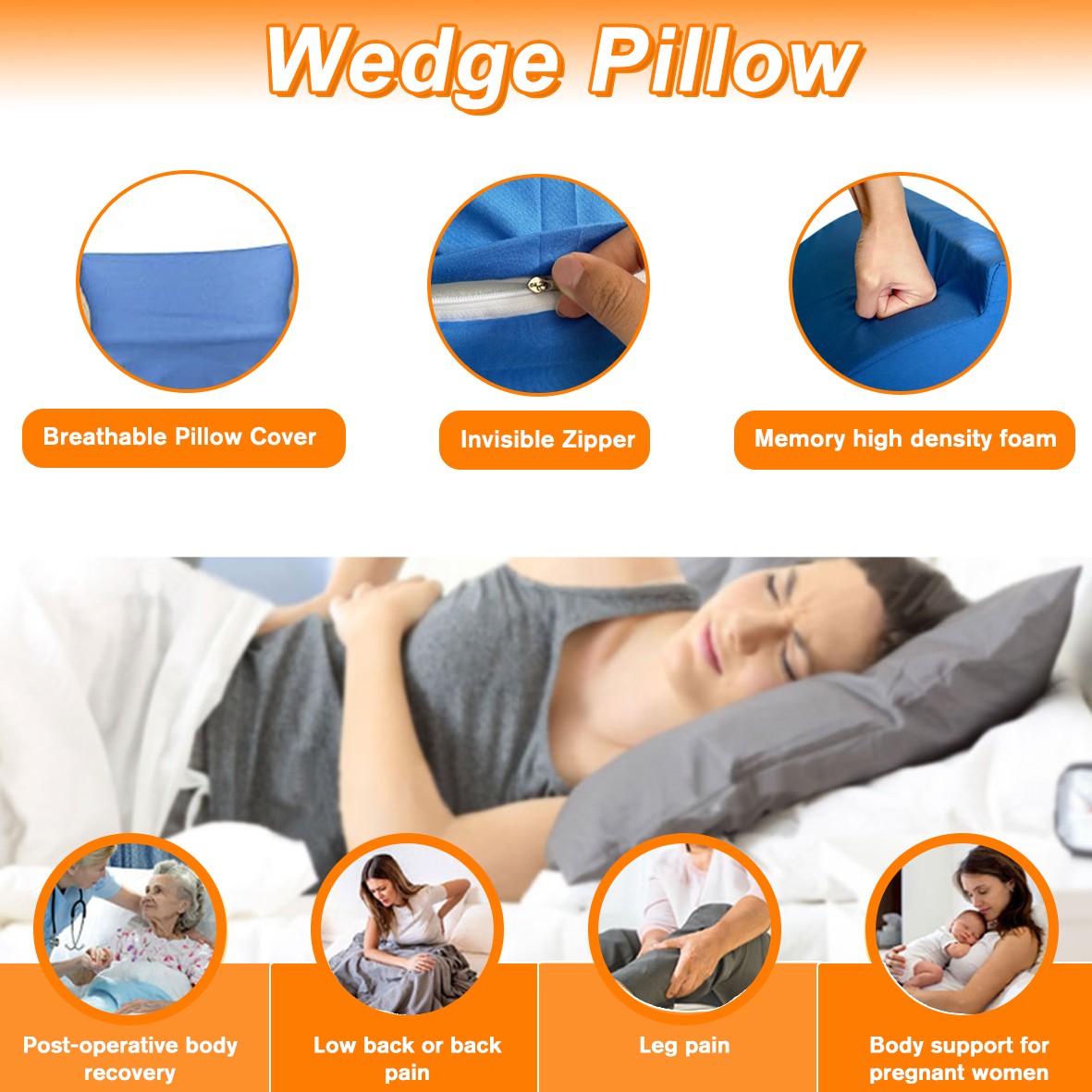 30° Incline Wedge Pillow Foam Bed For Side Sleeper Medical Elevated Bolster Blue