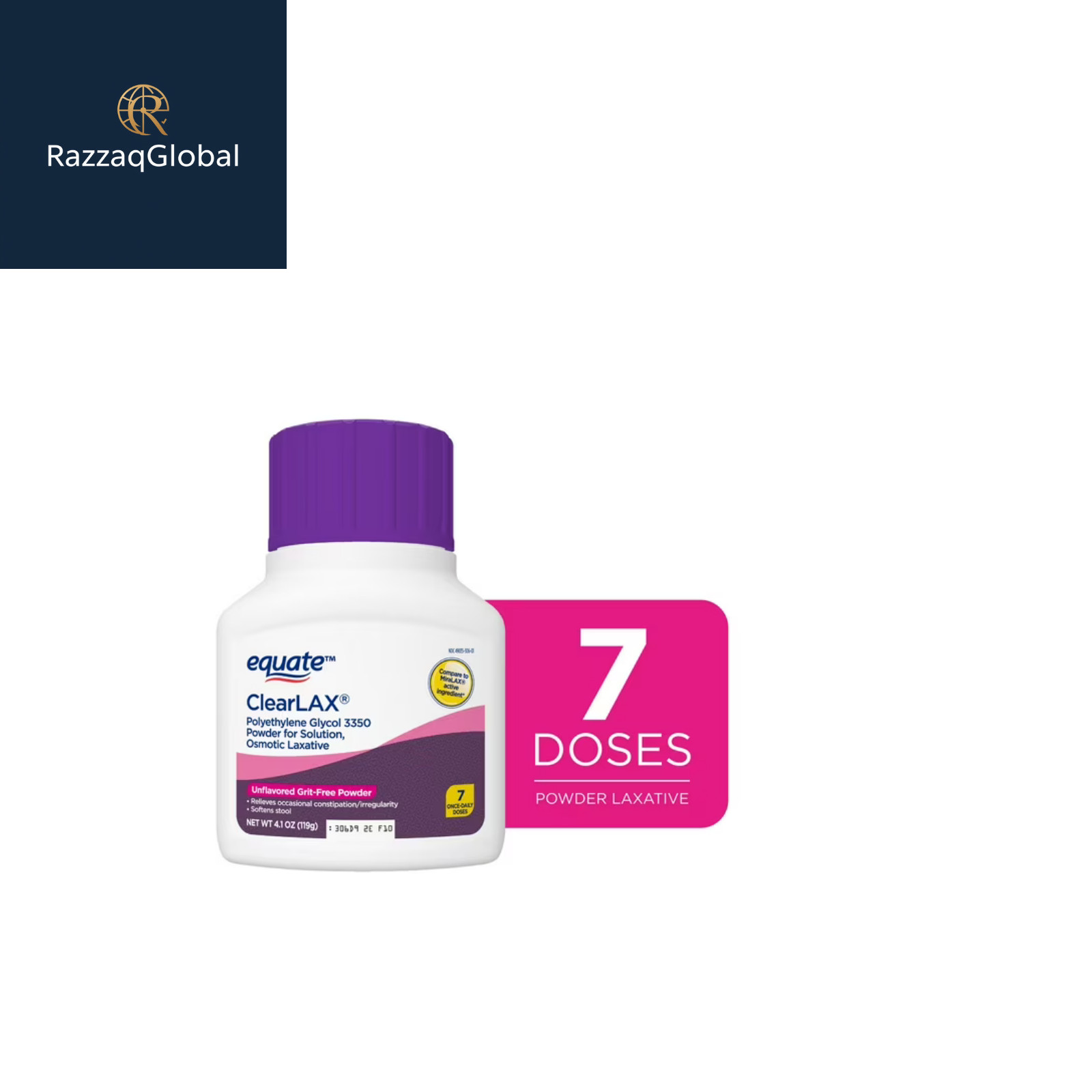 Equate ClearLAX Polyethylene Glycol 3350 Powder Unflavored 7 Doses vs MiraLAX