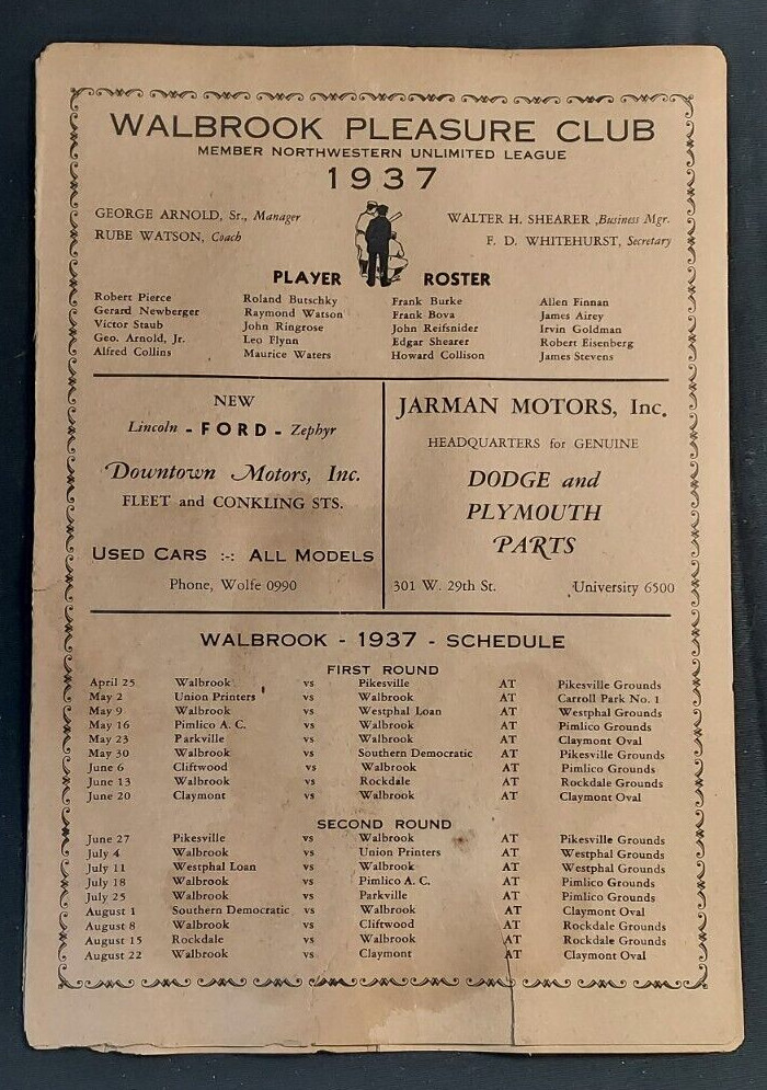 1937 Walbrook Pleasure Club Baseball League Program Baltimore Northwestern ADS