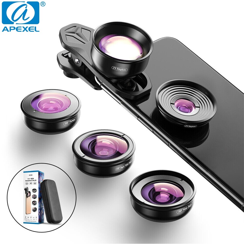 APEXEL 5 in 1 lens kit 4K HD 2X Telescope 195° Fisheye 10x Macro Lens for Phones