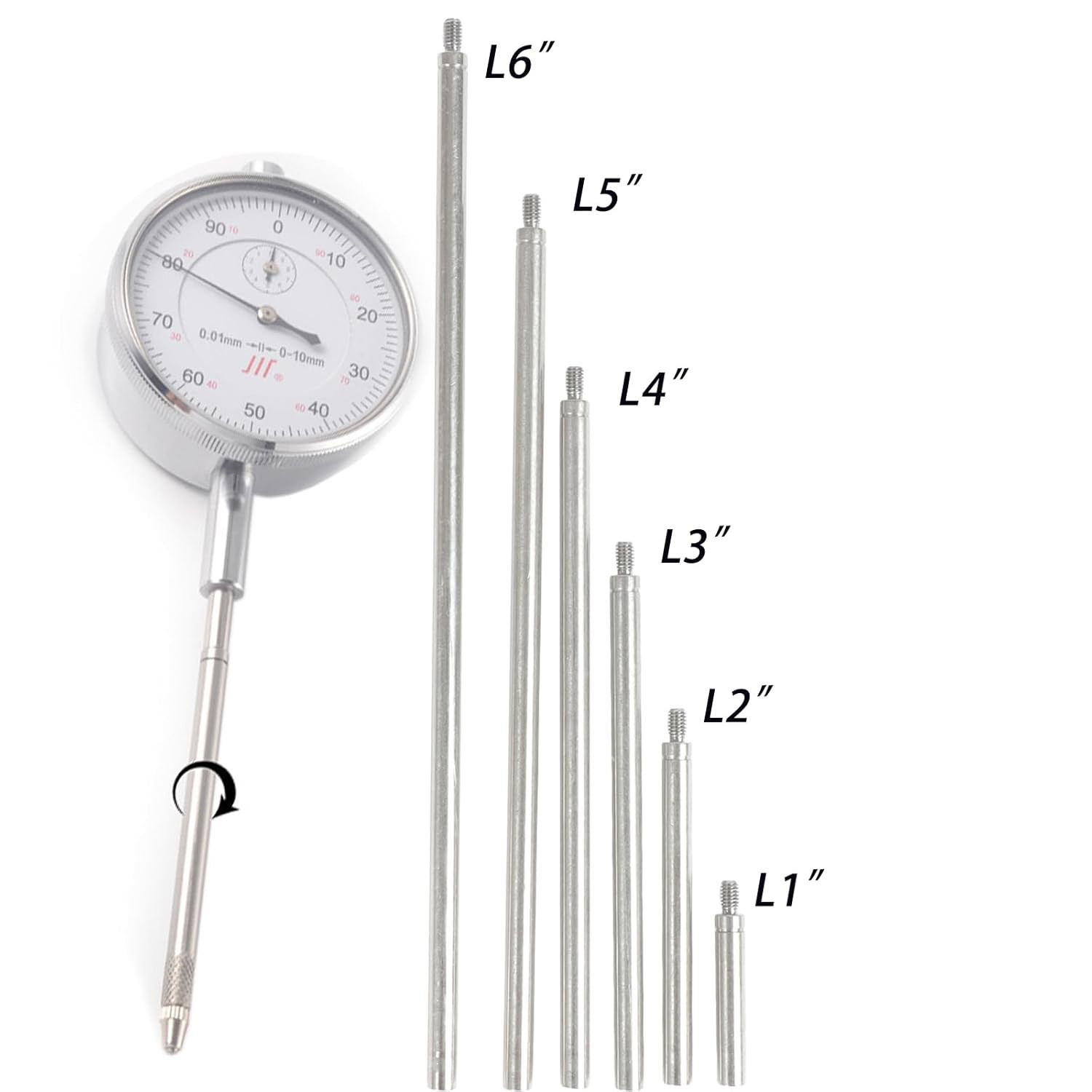 Dial Indicator Extension Stem Rod Set, 6 Pcs, 0-21" Range, 4-48 Thread