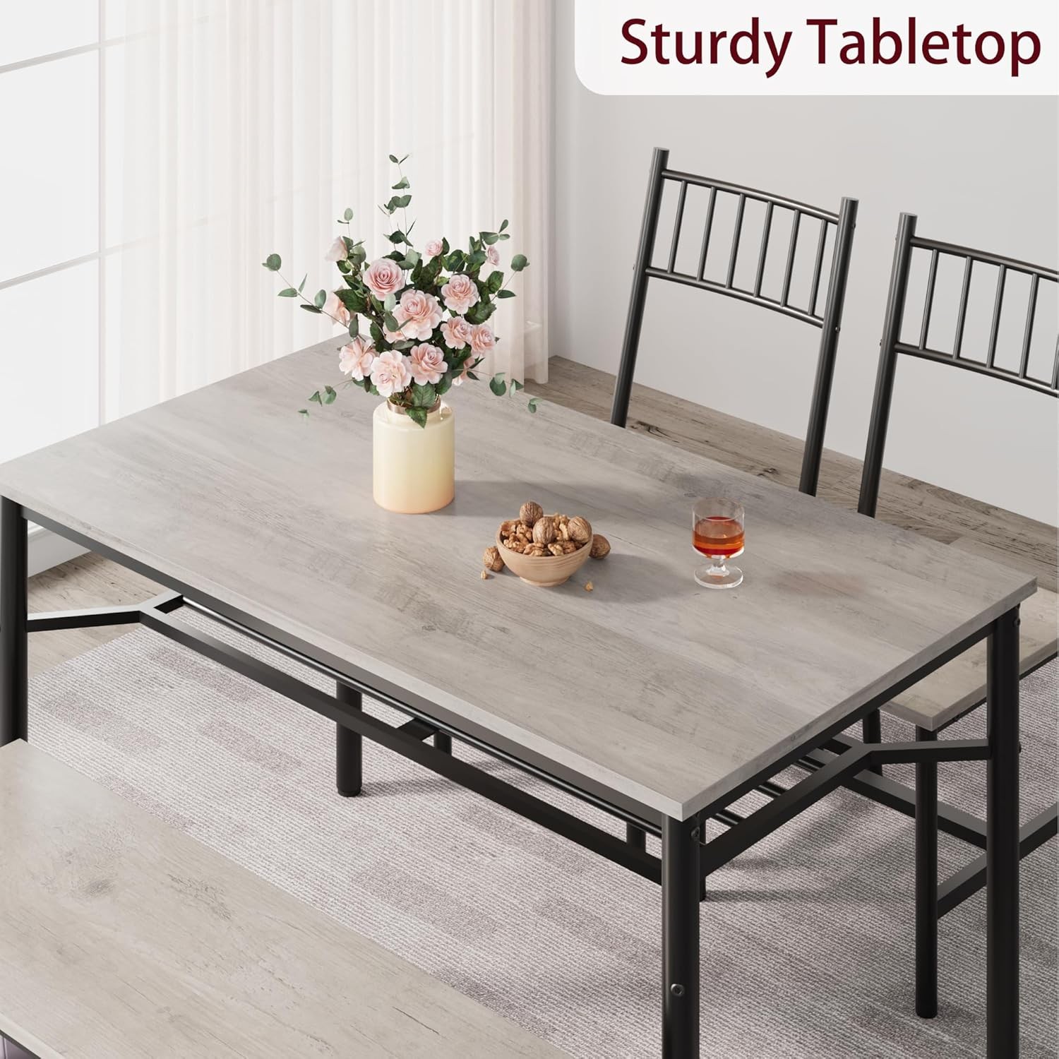 Dining Table Bench & 2 Chairs Set for 4,Rectangular Kitchen Table with Wine Rack