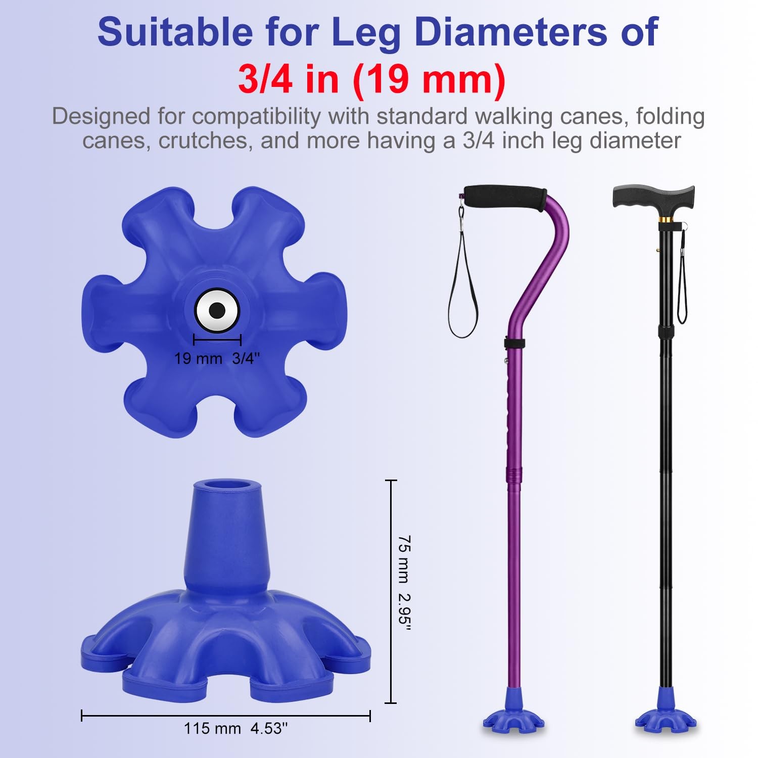 Cane Tip - Self Standing 6 Prong Support Rubber Base for Walking Stick & Cane...