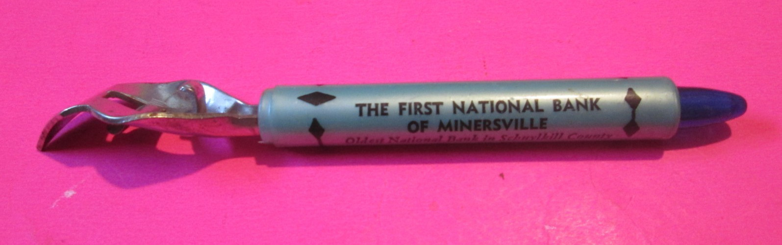 VTG THE FIRST NATIONAL BANK OF MIMERSVILLE METAL PLALASTIC CAN BOTTLE OPENER PA.