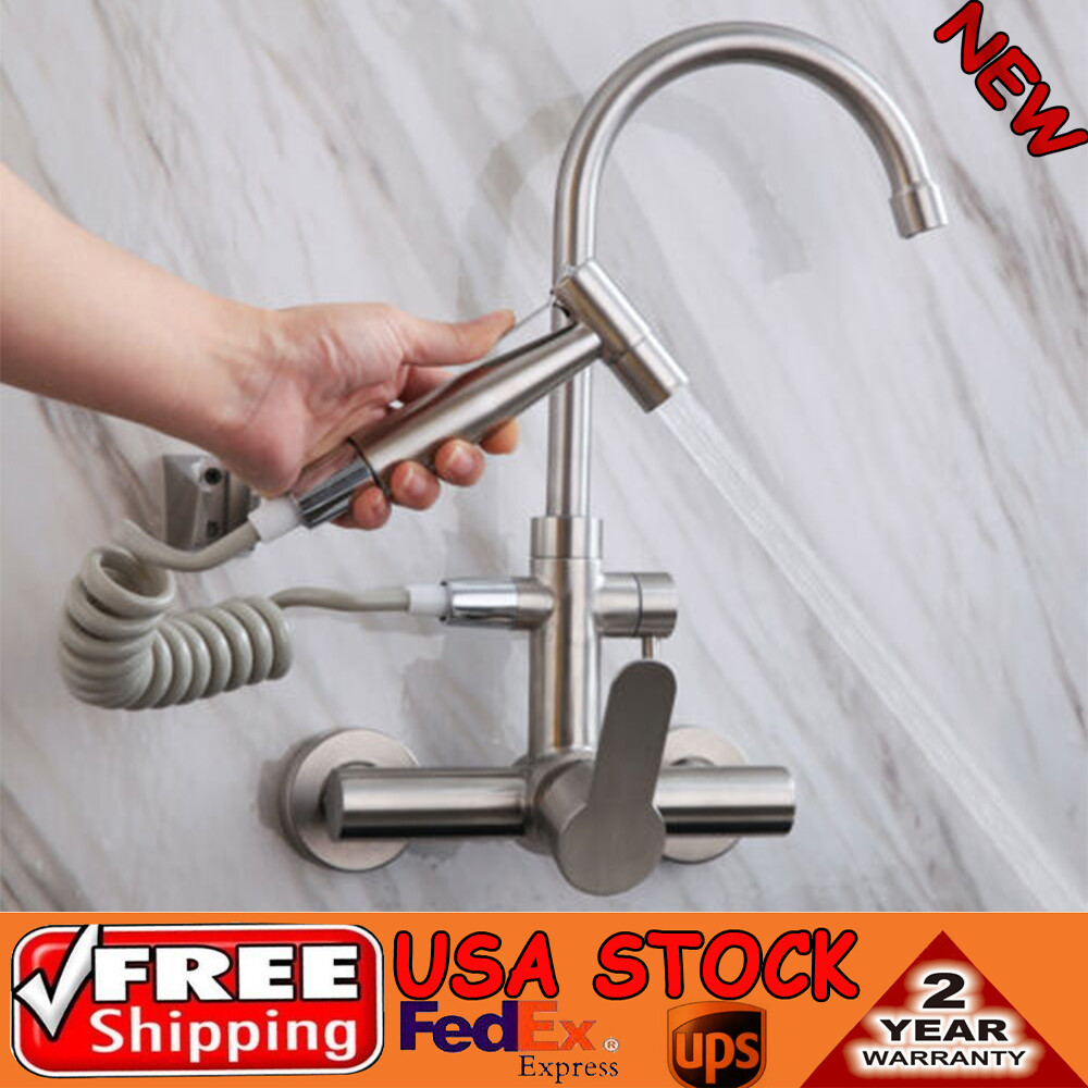 Kitchen Wall Mount Faucet 360 Swivel Stainless 2Hole Sink Tap with Bidet Sprayer