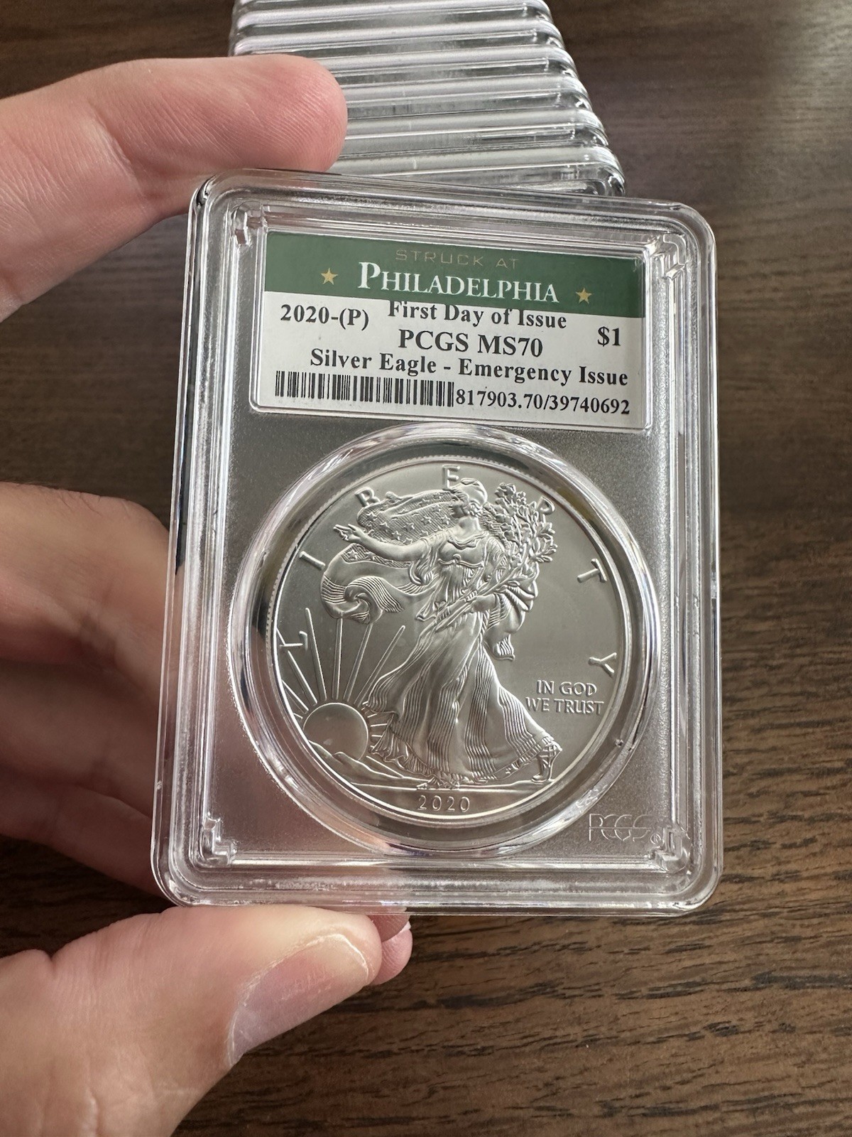 2020-(P) SILVER EAGLE PCGS MS70 FDI EMERGENCY ISSUE STRUCK AT PHILADELPHIA LABEL