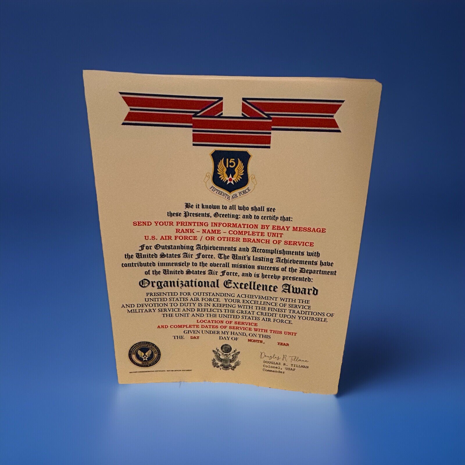 U.S. AIR FORCE / 15TH AIR FORCE - ORGANIZATIONAL EXCELLENCE AWARD CERTIFICATE