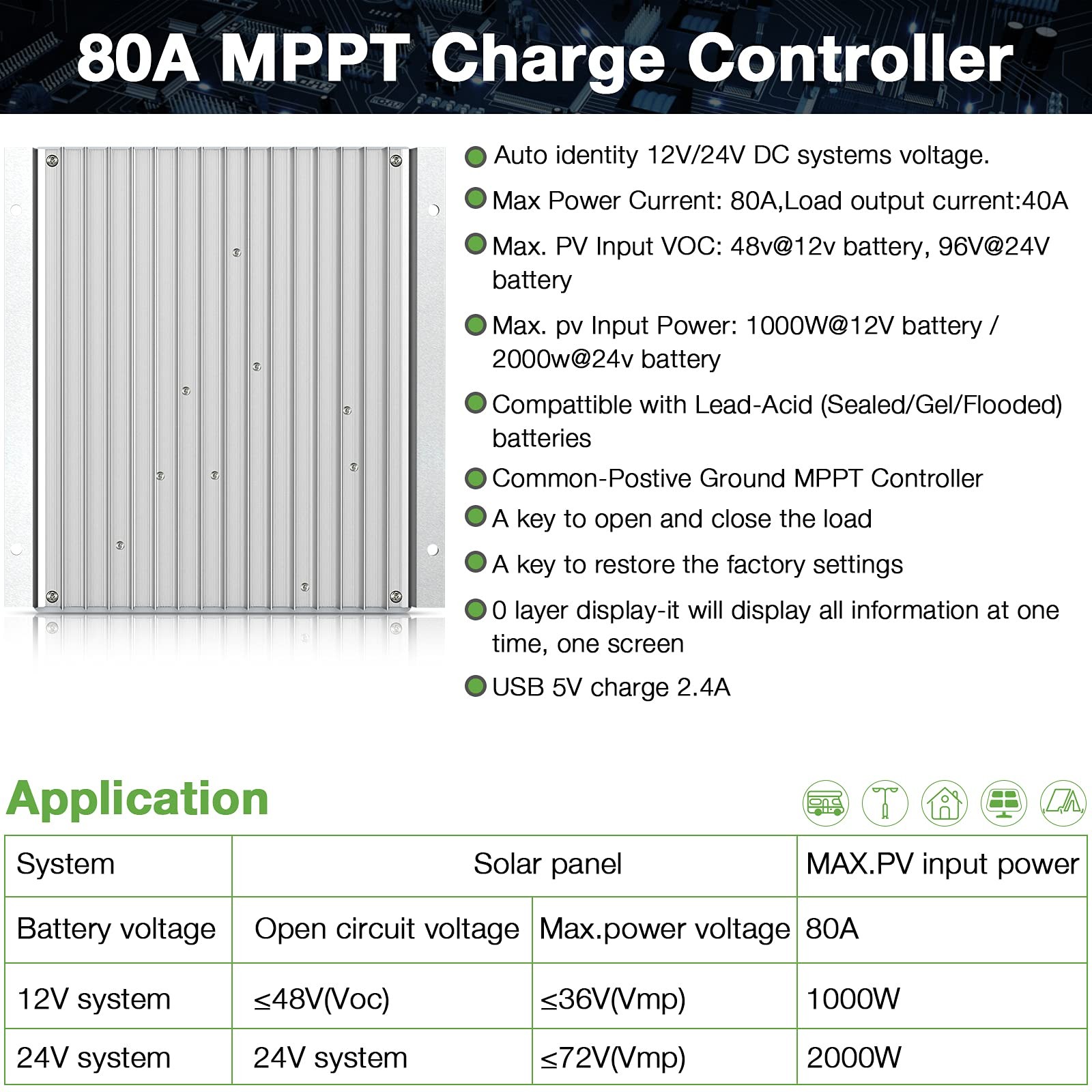 Ooycyoo Mppt Charge Controller 80 Amp 12V/24V Auto 80A Solar Panel Charge