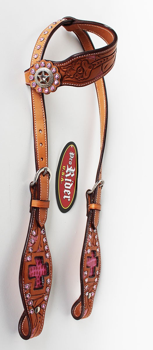 Horse Western Riding Leather Bridle Headstall Breast Collar Tack Pink 7611