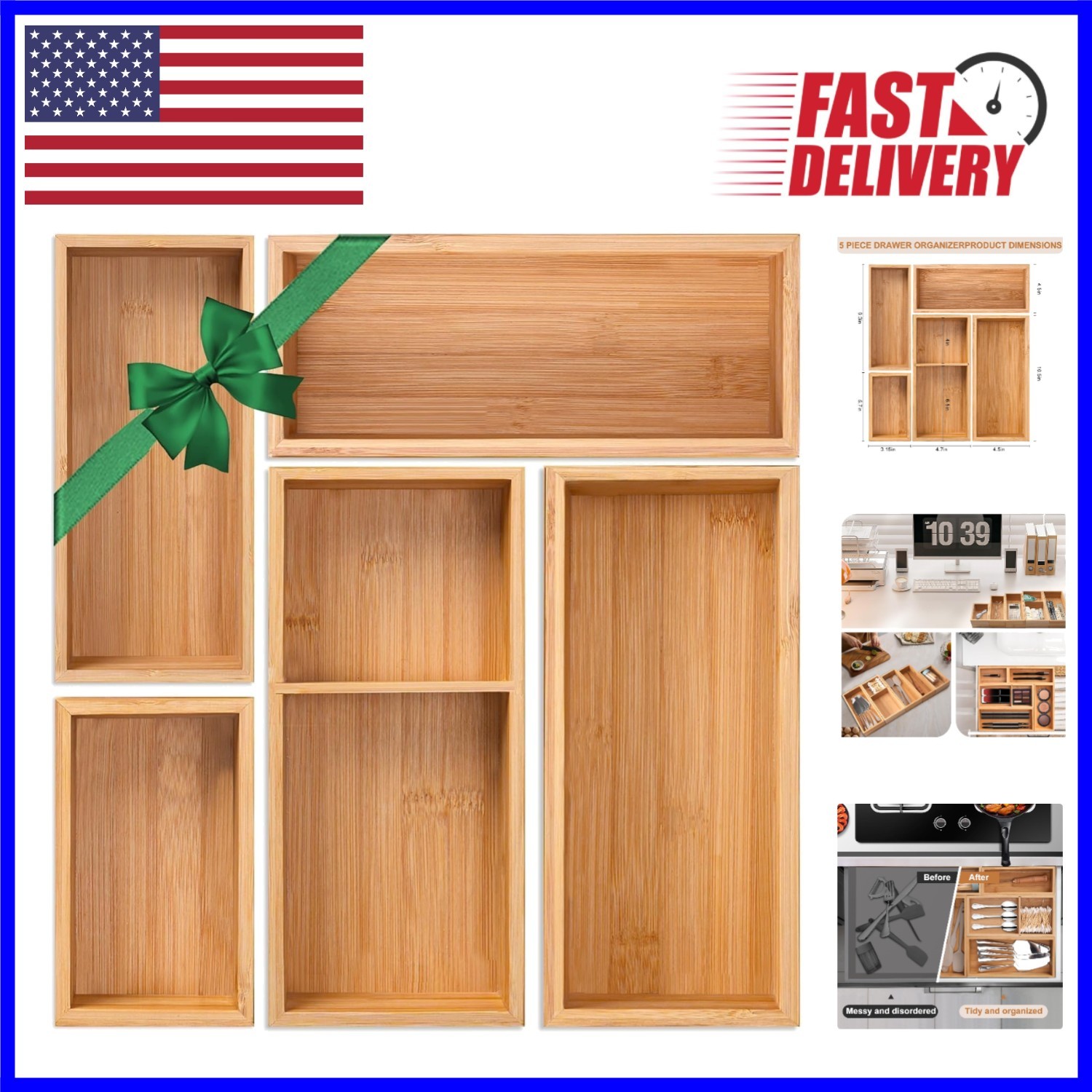 Chic Bamboo Drawer Organizer Set - 5 Stylish Dividers for a Clutter-Free Home