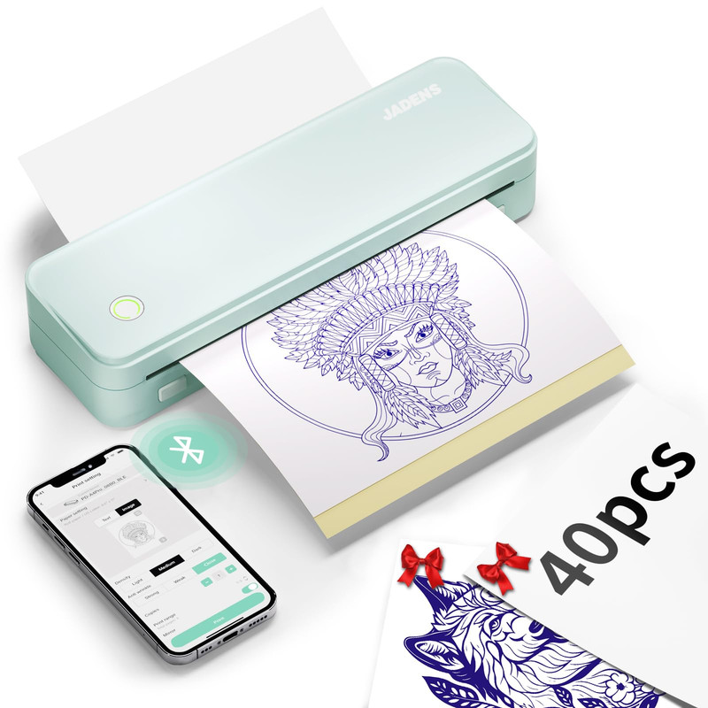 Jadens Tattoo Stencil Printer 40Pcs Transfer Paper Bluetooth Thermal Tattoo