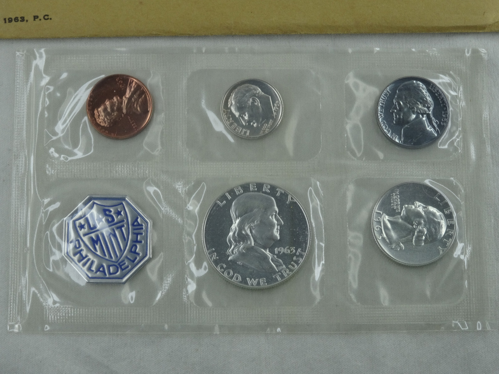 1963 US Mint Proof Set 5 Coins 90% Silver Original Envelope & Cello Flat Pack