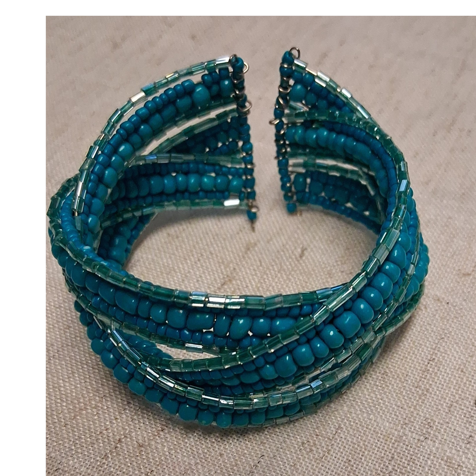 Beaded Blue Green Glass Metal Wire Cuff Bracelet Adjustable Bohemian Women