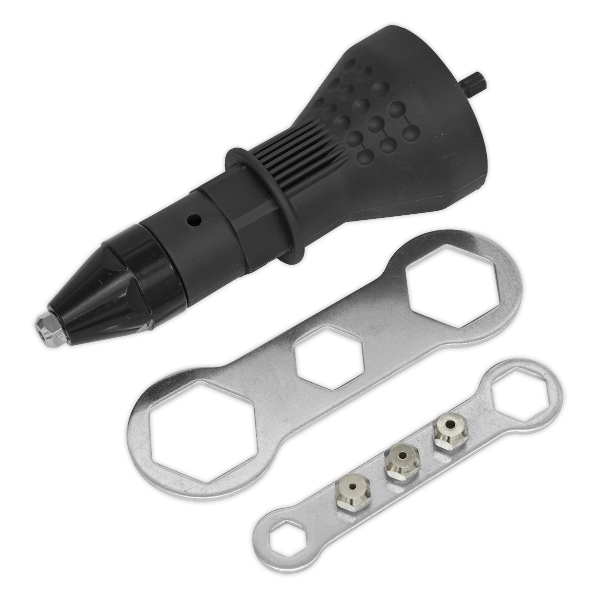 Sealey Riveter Adaptor Drill Powered With 2.4 3.2 4 & 4.8mm Nozzles DRA01