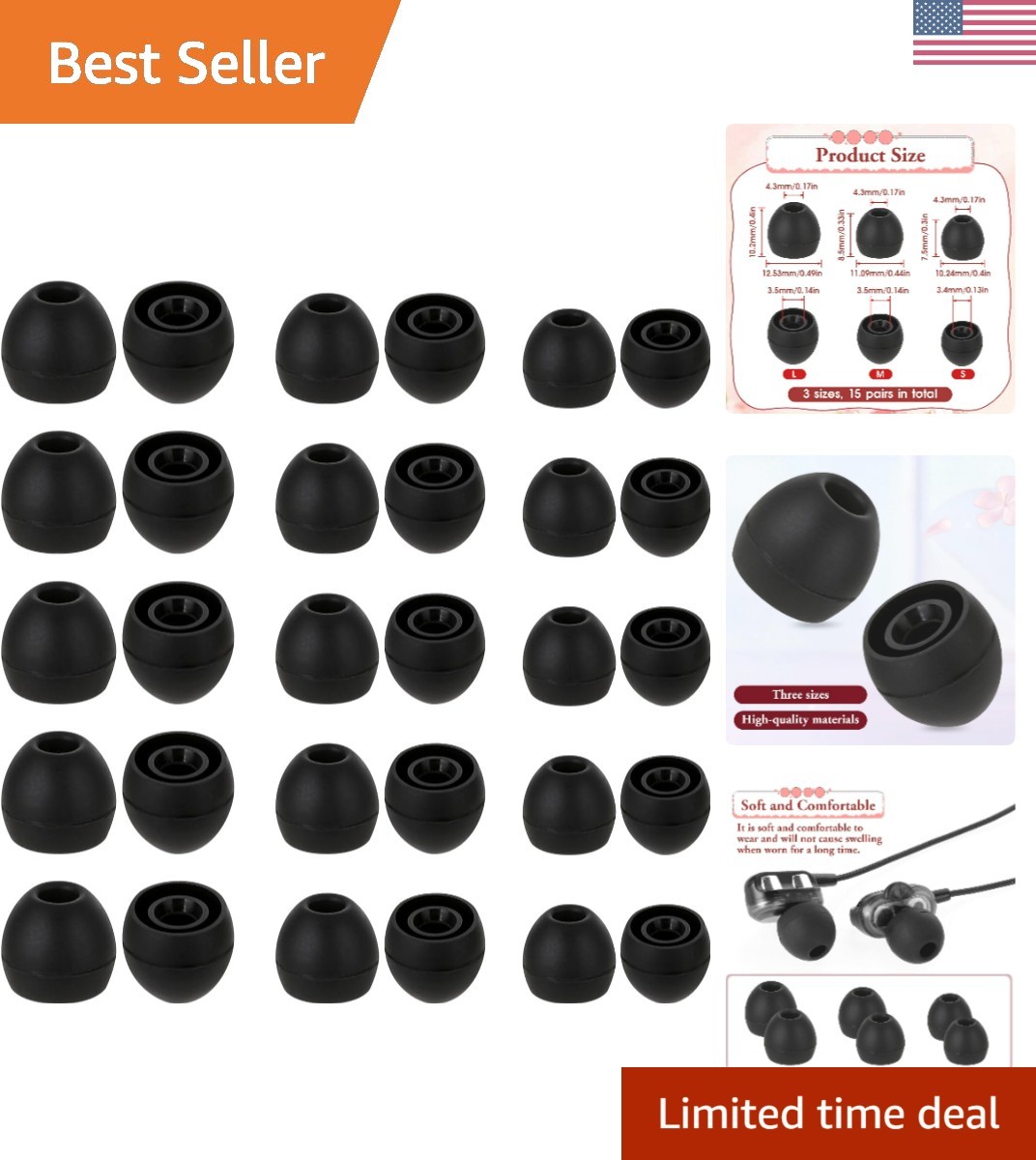 15 Pairs Silicone Ear Bud Replacement Pieces Earbuds Ear Tips Replacement Ear...