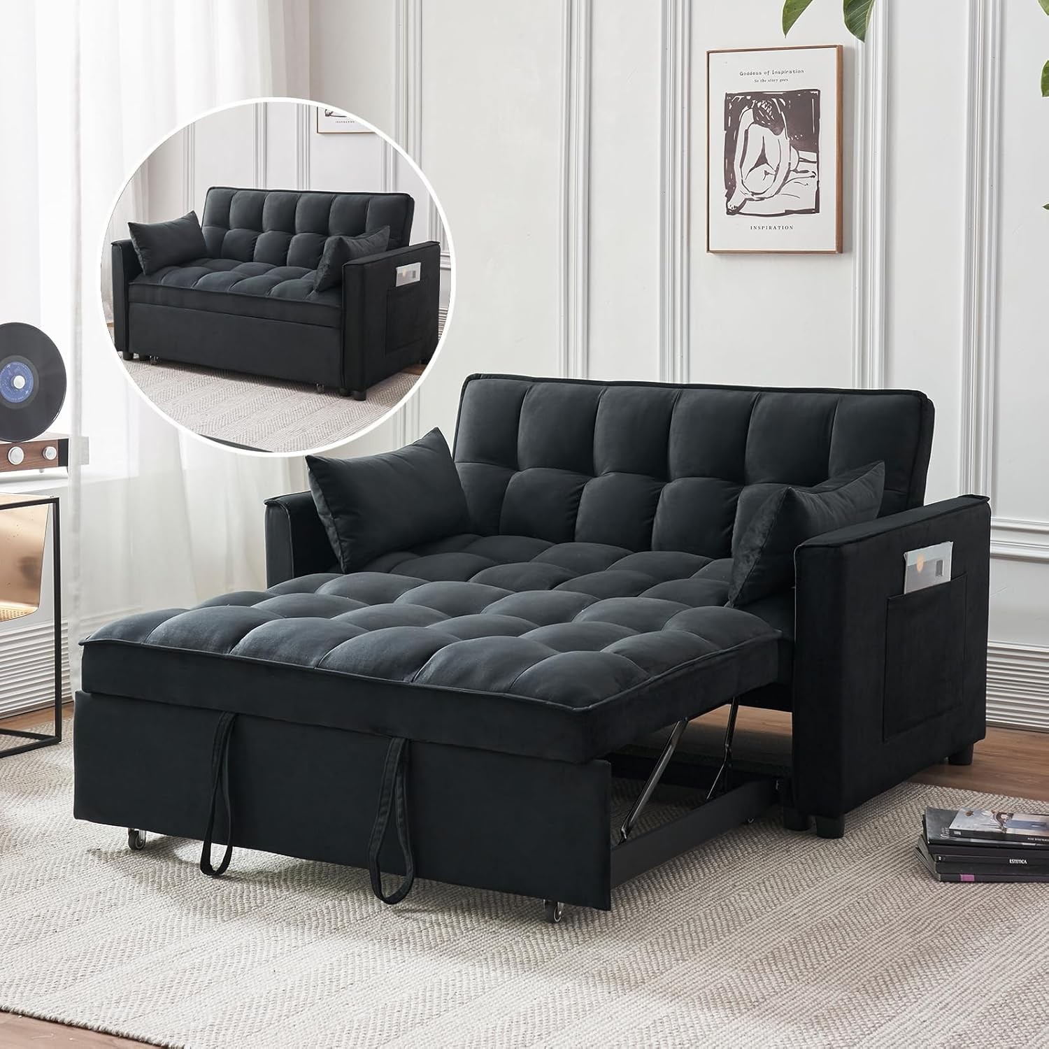 3-in-1 Loveseat Sleeper Sofa 55.5" Pull Out Couch Velvet Upholstered Futon Bed