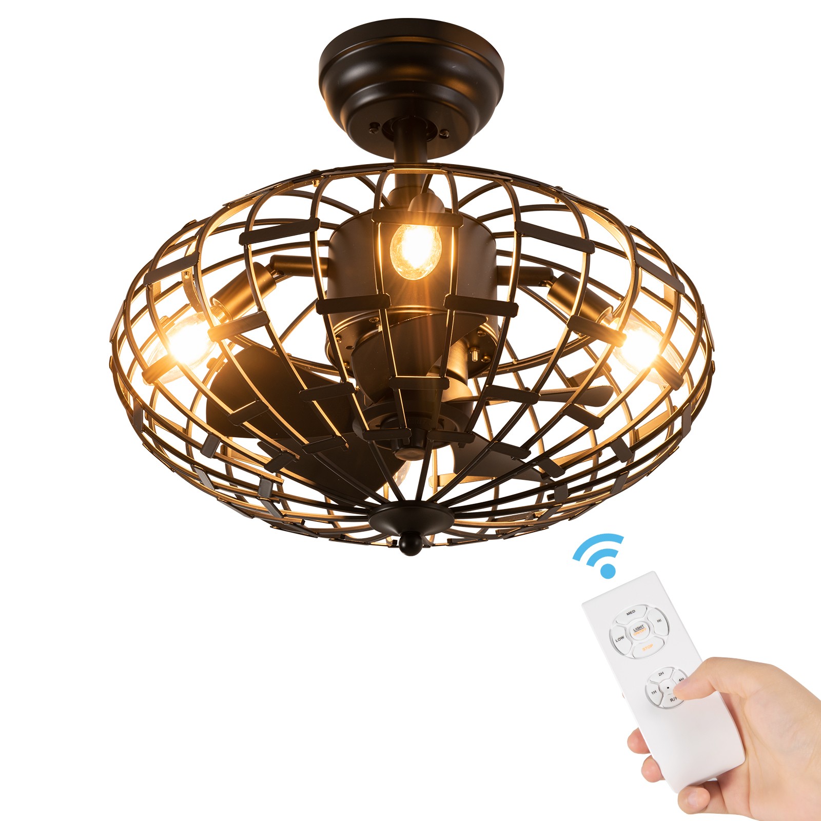 Enclosed Ceiling Fan Ceiling Fan with Light w/ 5 Blades & Remote Control Black