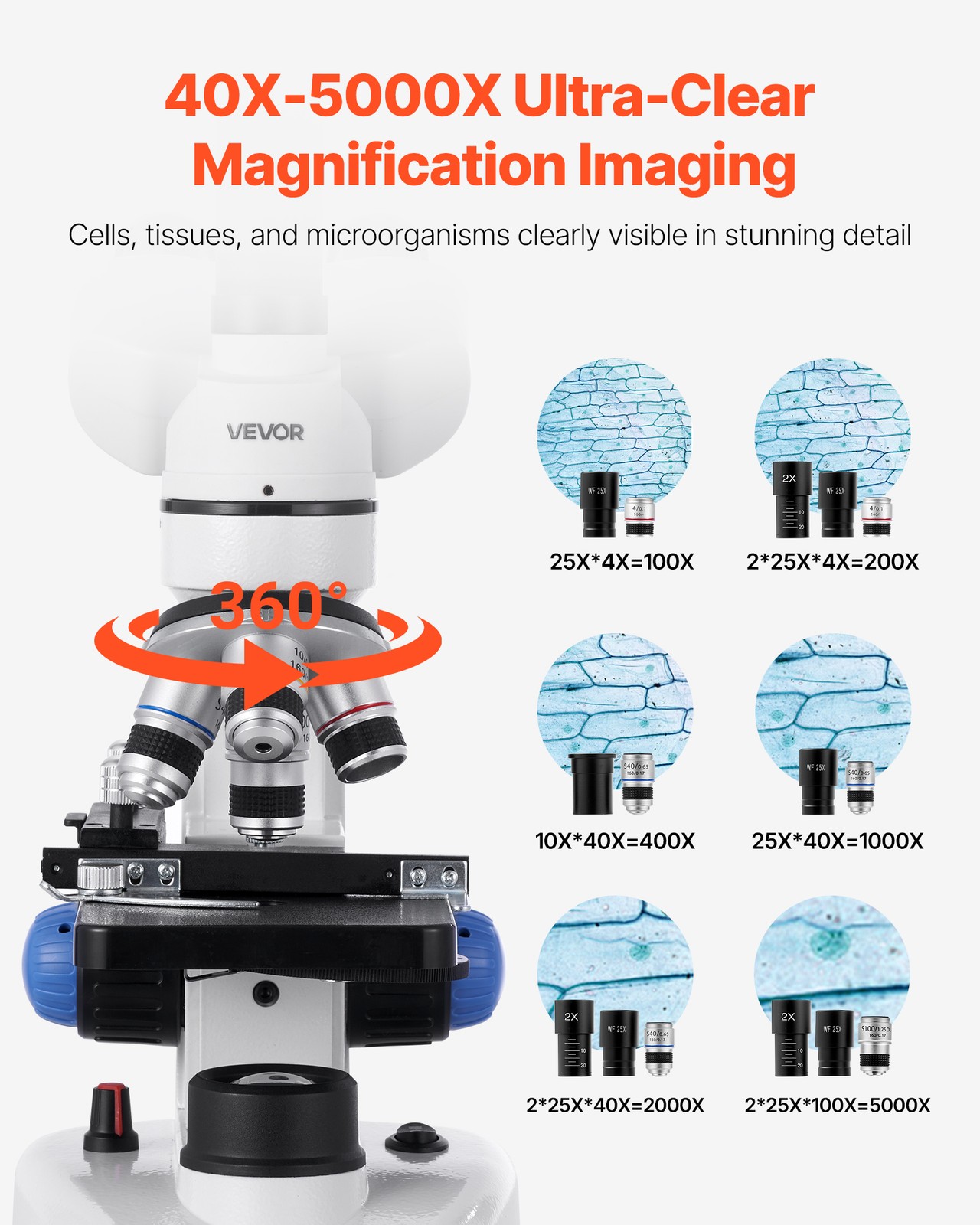 VEVOR Professional Trinocular Compound Microscope Kit 40-5000X Magnification