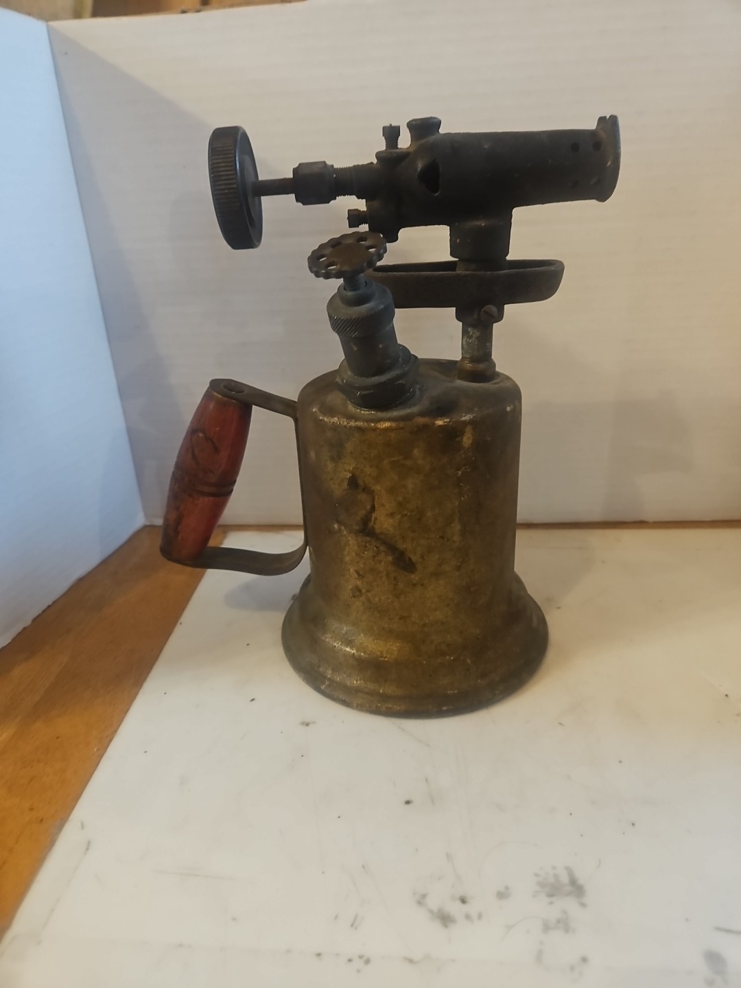 Antique Brass Blow Torch (Gas/Kerosene) with Wood Handle