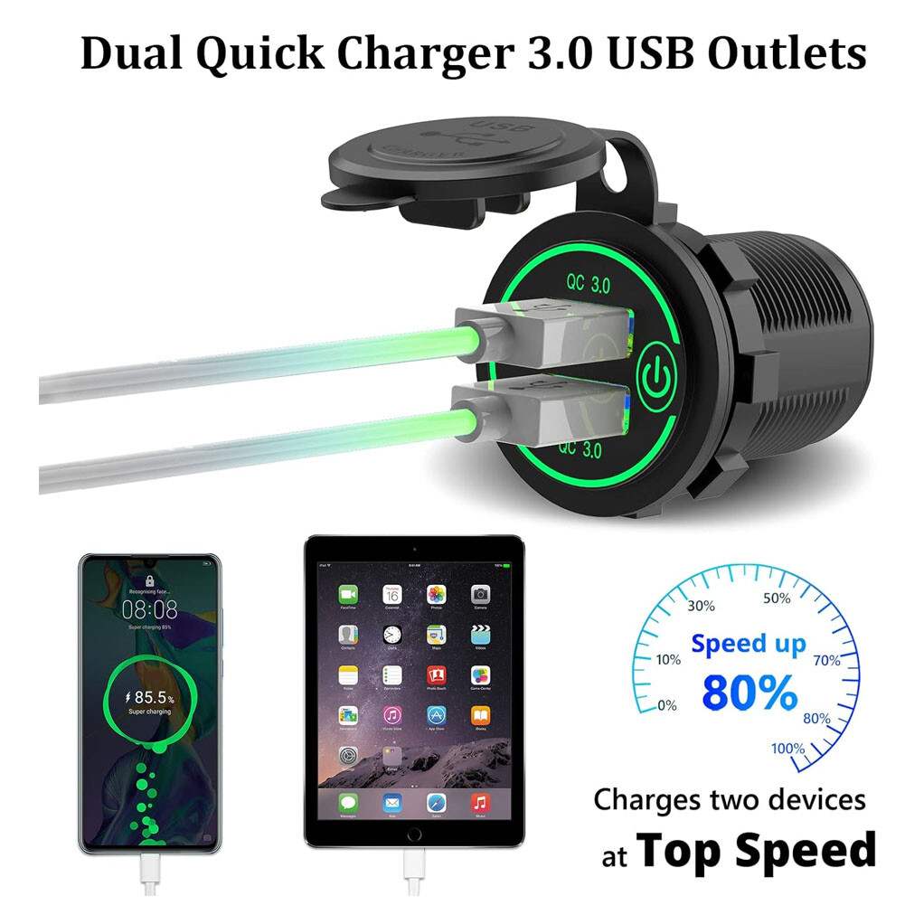 Car Charger Cigarette Lighter Touch Switch QC 3.0 Dual USB Power Socket Green