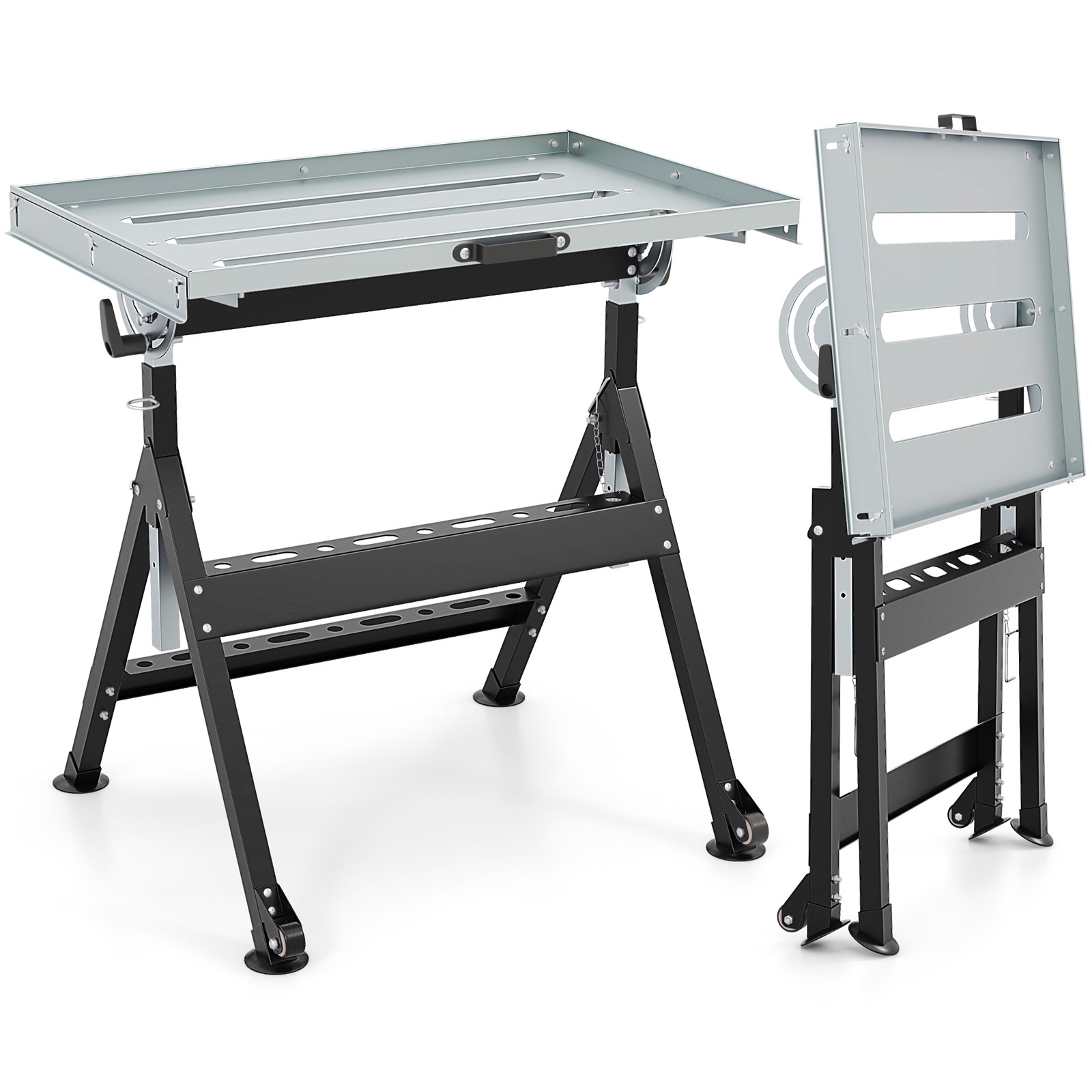Folding Welding Table w/Tabletop 2 Fixed Wheels 4-Level Height 5 Tilting Angles