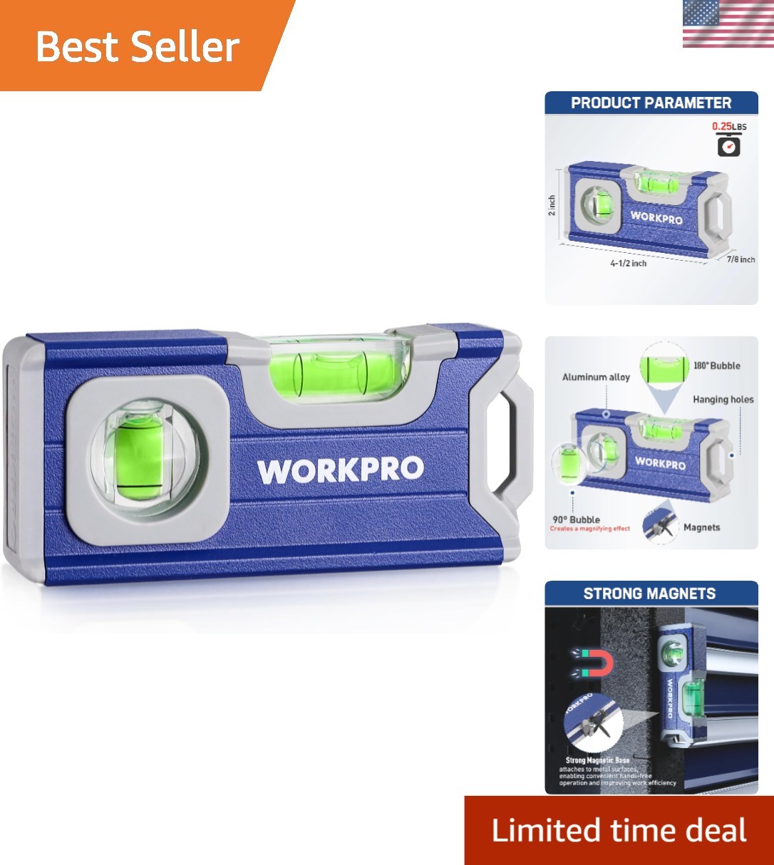Compact 4-1/2 Inch Magnetic Level - Durable Aluminum Tool for Accurate Alignment