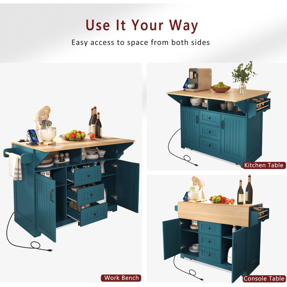55.7'' Large Kitchen Island with 2 Drop Leaf,, Rolling Kitchen Cart on 5 Wheels