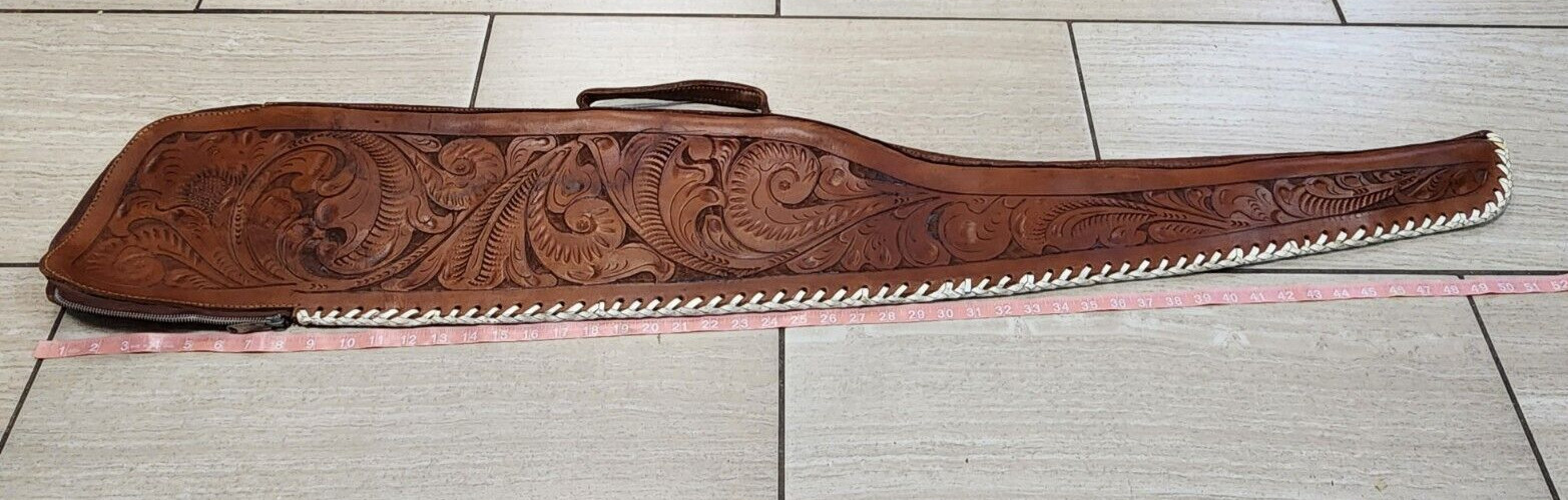 Vintage Hand Tooled Leather 51-52" Soft Sided Lined Rifle Gun Case Unknown Maker