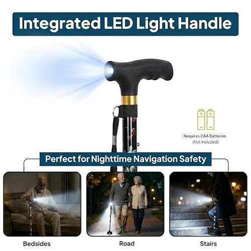 Walking Cane with LED Light, Foldable,Adjustable, Self Standing Black flowers