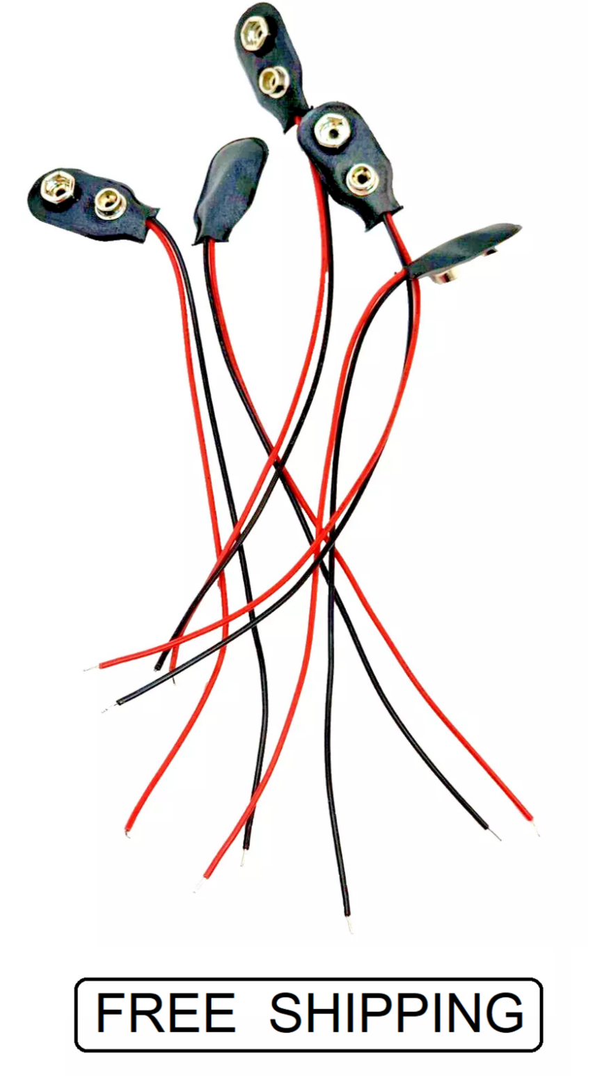 (5 Pack) 9 Volt Power Battery Clip - Wire Snap on Connectors - 5.9" Length - USA