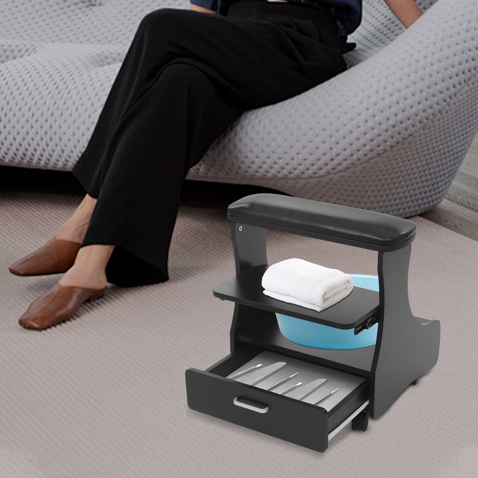 3 Tiers Pedicure Foot Rest Black Manicure Foot Rest w/ Wheels Pedicure Footstool