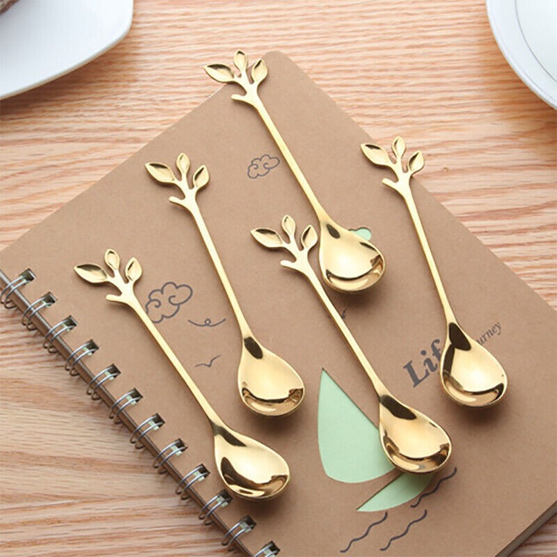 5pcs Stainless Steel Spoon Branches Leaf Spoon Kitchen Tableware Cooking Gift c