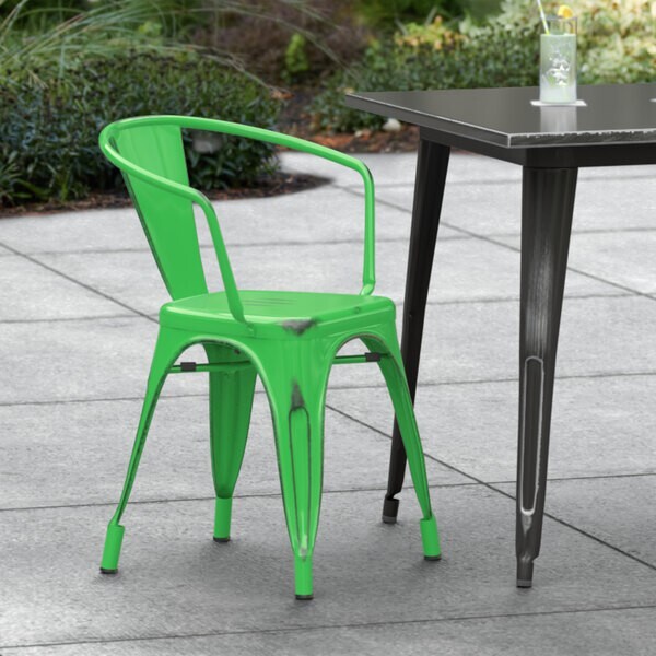 Cafe Style Stackable Distressed Green Metal Restaurant Chair For Outdoor Use