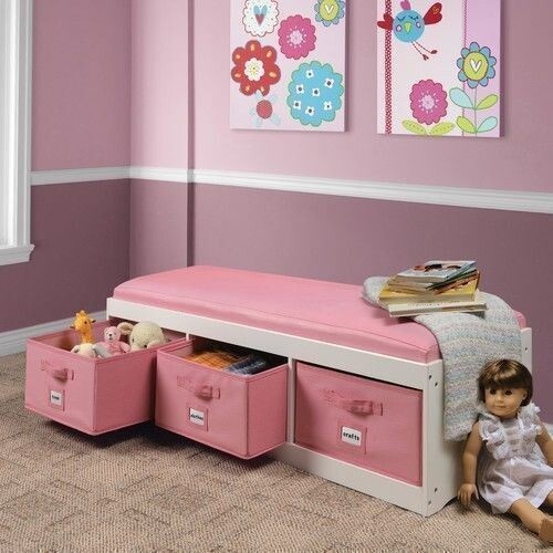 Girls Pink White Wooden Storage Bench Toy Box Home Organizer 3 Bins Cushion Seat