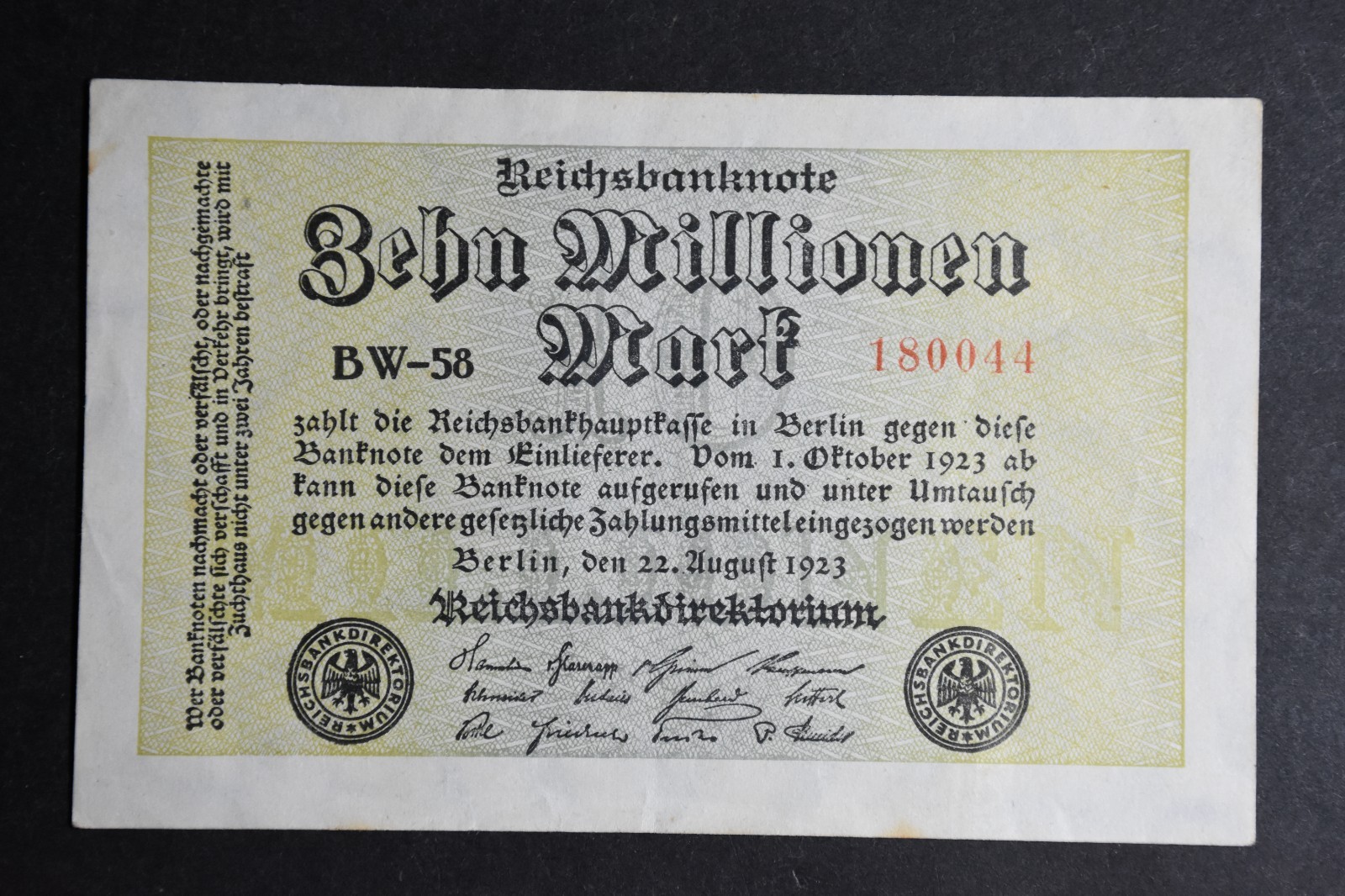 Germany 10 Million Mark Reichsbanknote August 1923 Hooked Stars about Extra Fine