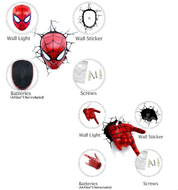 New Marvel Avengers Spider Man Mask + Hand 3D Deco Wall LED Night Light Bedroom