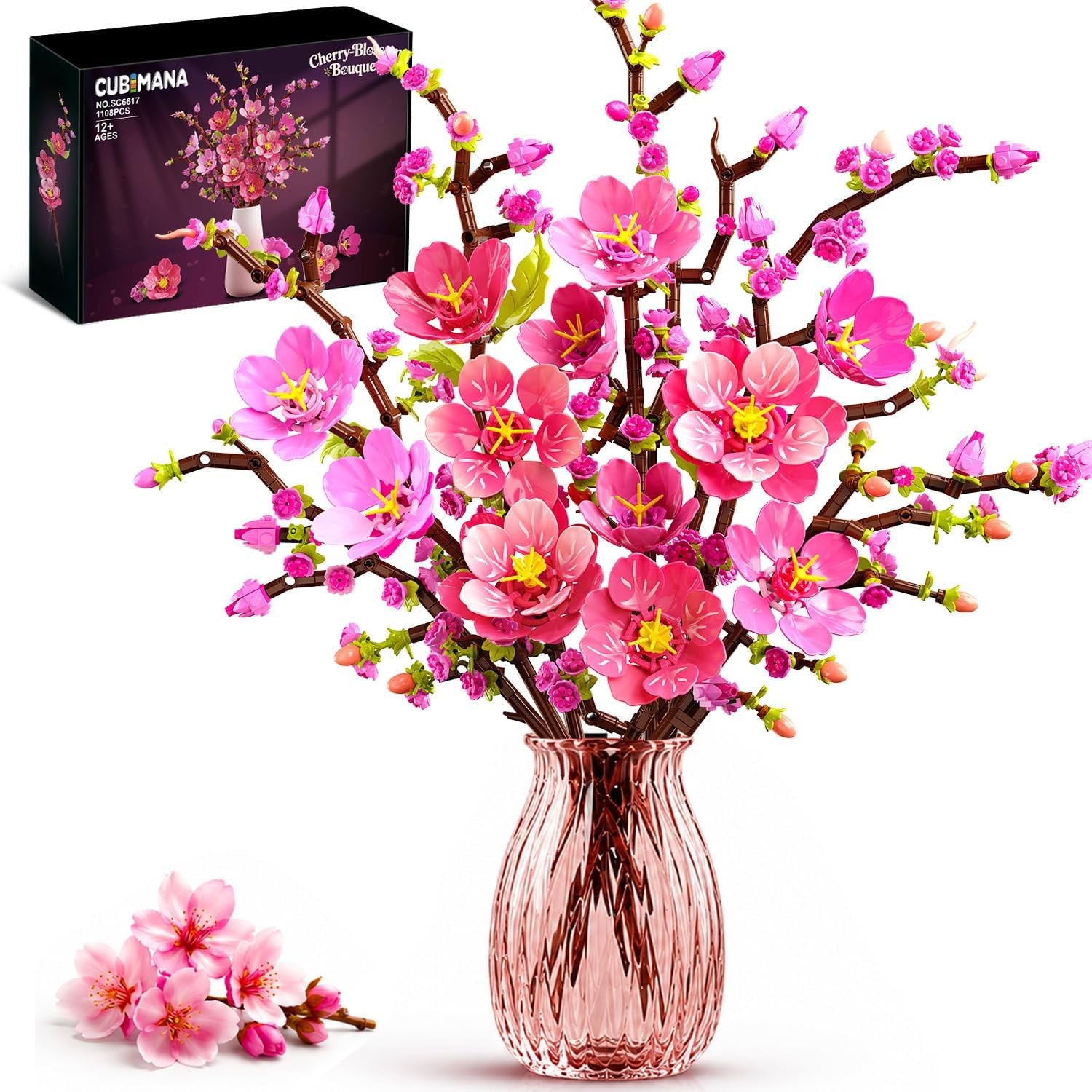CUBIMANA Flowers Bouquet Cherry Blossom Building Set with LED Lights | 10 Pin...