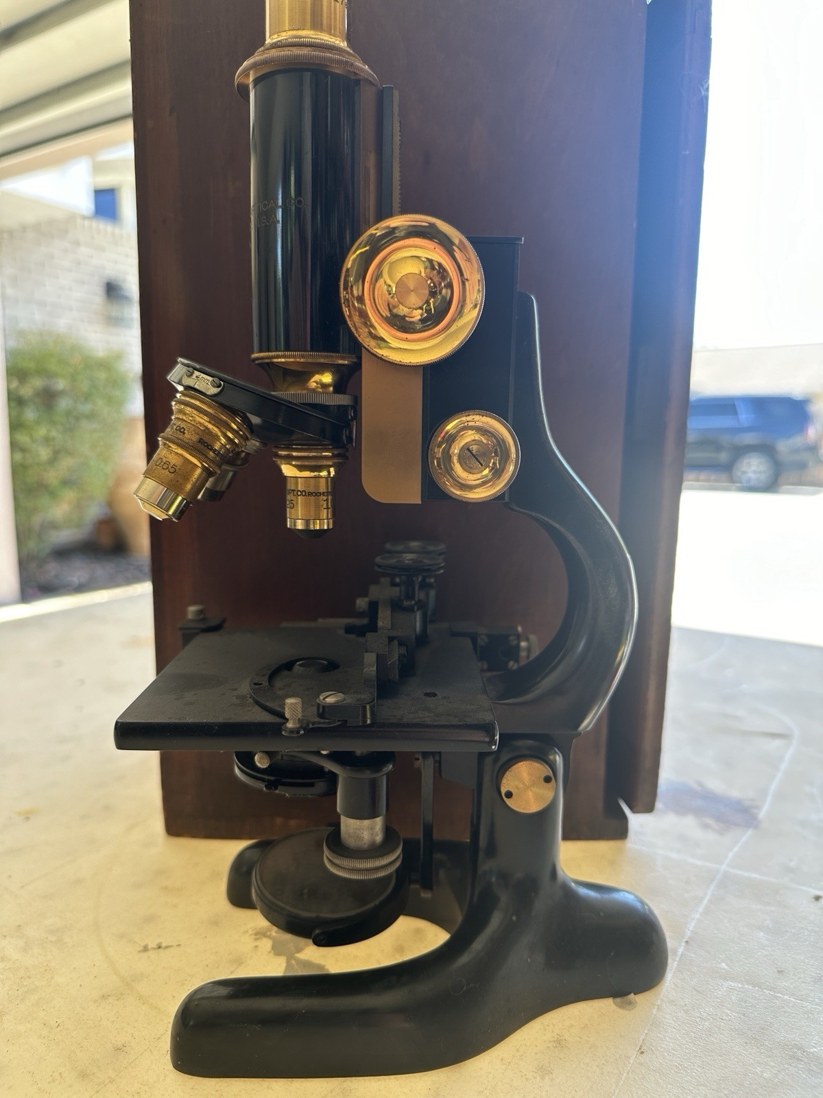 1900s Bausch & Lomb Brass Monocular Scientific Microscope & Wood Case